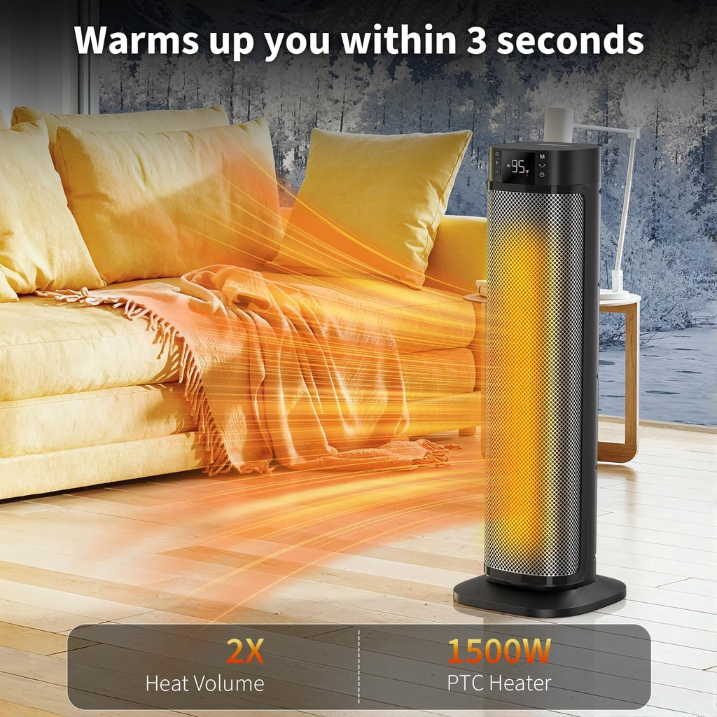 Space Heater, 24" Electric Heaters for Indoor Use, 1500W PTC Ceramic Heater for Office with Remote, Thermostat, 3 Modes, 35dB Quiet, 12H Timer Portable Heater for Bedroom Home Large Rooms Silver