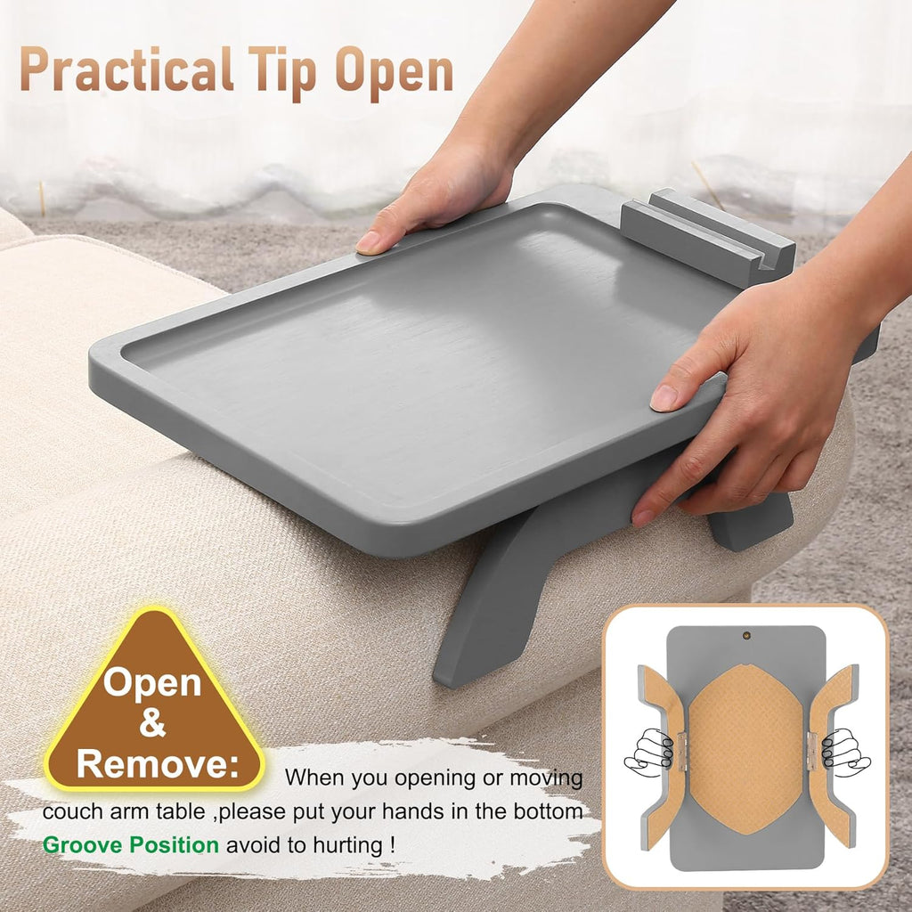 SINWANT Couch Armrest Table,Bamboo Couch Arm Table 360° Phone Holder,Foldable Sofa Arm Tray for Eating Drinking Snacks Remote on Chair Armrest