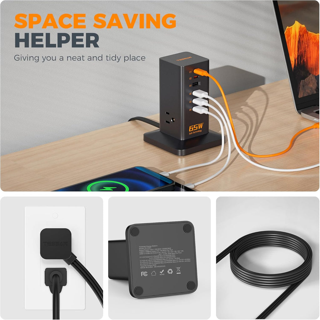 USB Charging Station for Multiple Devices PD 65W, TESSAN 9-in-1 USB C Charger Block for iPhone 17/16/15, MacBook, Tablet, Type C Desktop Charger with 3 AC, Home Travel Office Accessories
