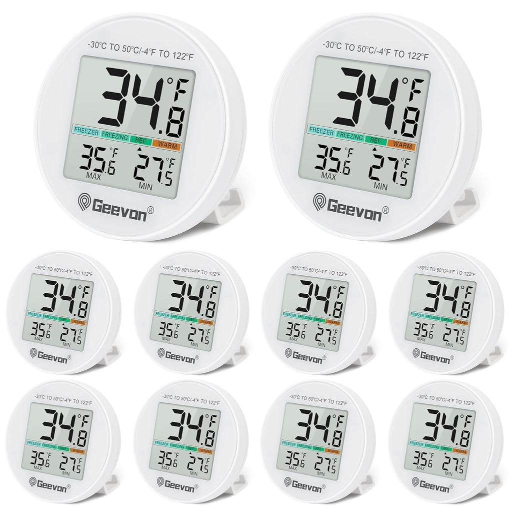 Geevon Small Digital Refrigerator Thermometer 10 Pack, IP65 Waterproof Commercial and Home Use, Max/Min Record Function with LCD Screen, Stand and Magnetic Back, for Fridge, Freezer Scenarios