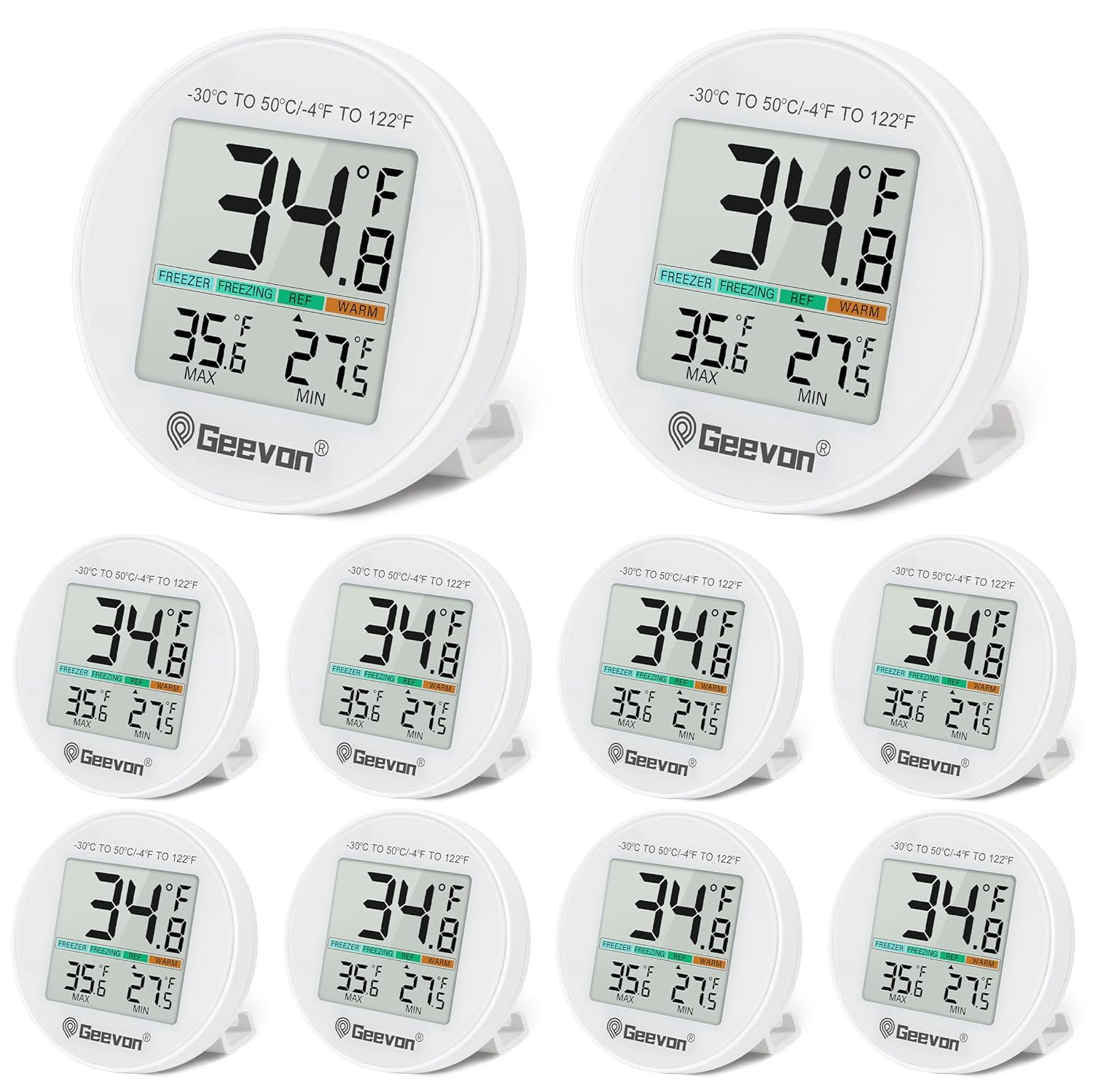 Geevon Small Digital Refrigerator Thermometer 10 Pack, IP65 Waterproof Commercial and Home Use, Max/Min Record Function with LCD Screen, Stand and Magnetic Back, for Fridge, Freezer Scenarios