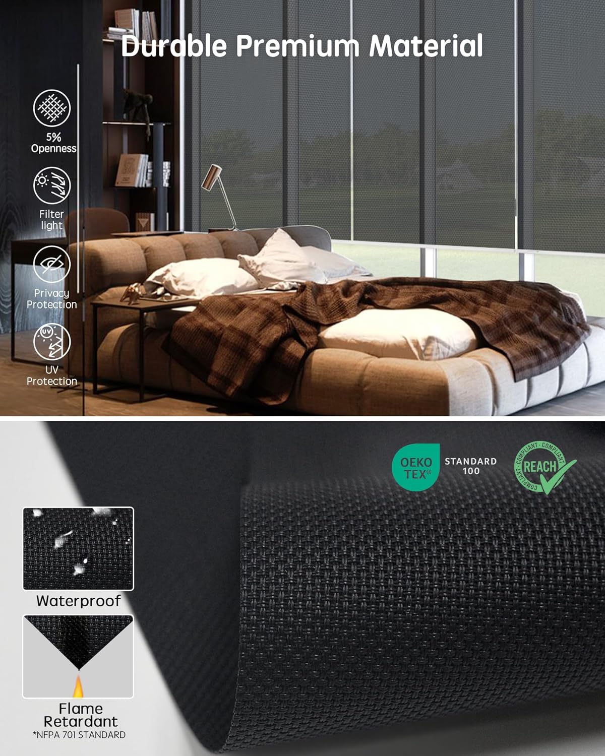 Yoolax Motorized Solar Shades, Flame Resistat Smart Blinds for Windows Motorized Roller Shades, Motorized Blinds Compatible with Alexa Custom Size (Solar-5% Openness Black)