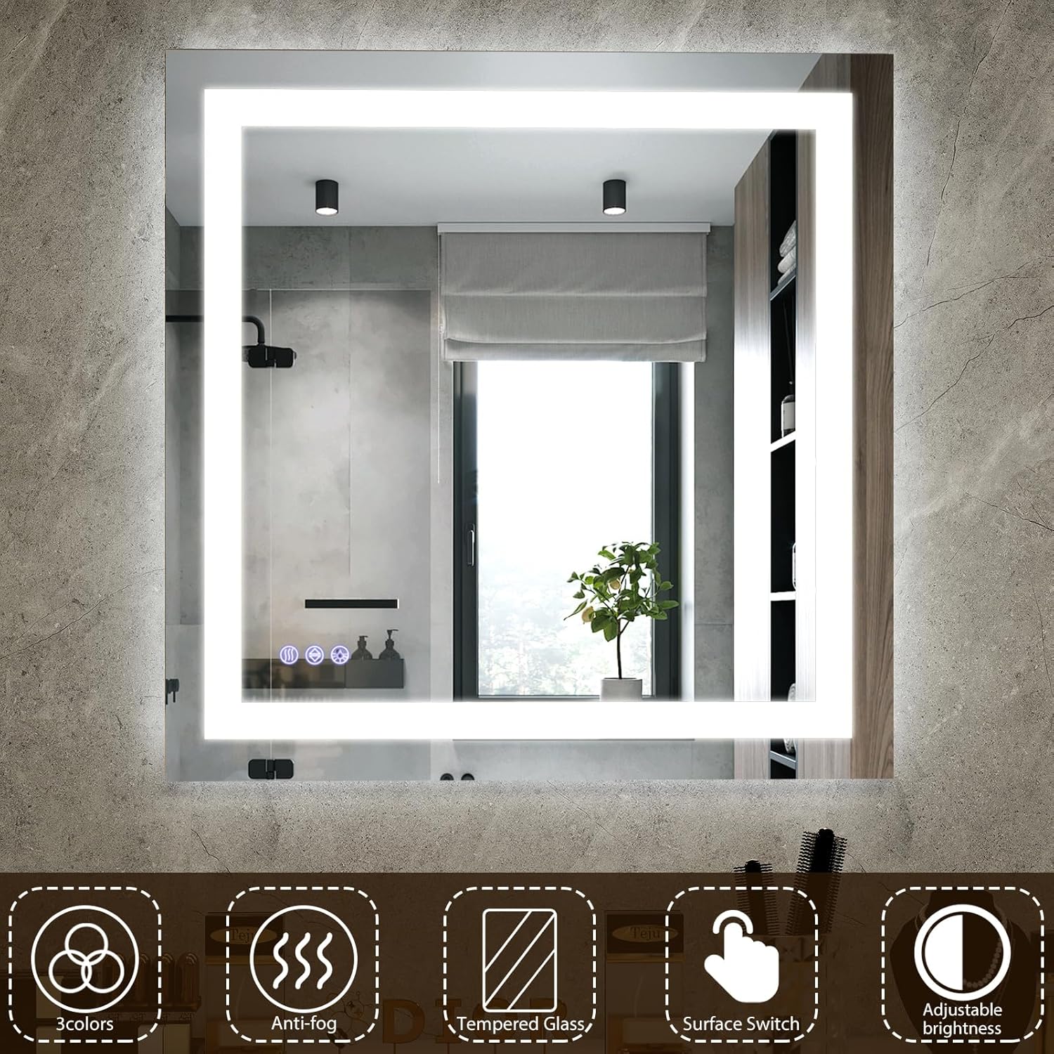VooBang Bathroom Mirror with Lights 47 x 47 inches - 3 Adjustable Lighting Modes LED Bathroom Vanity Mirror, Anti-Fog, Memory Function, Tempered Glass, Wall Mounted Horizontally Vertically