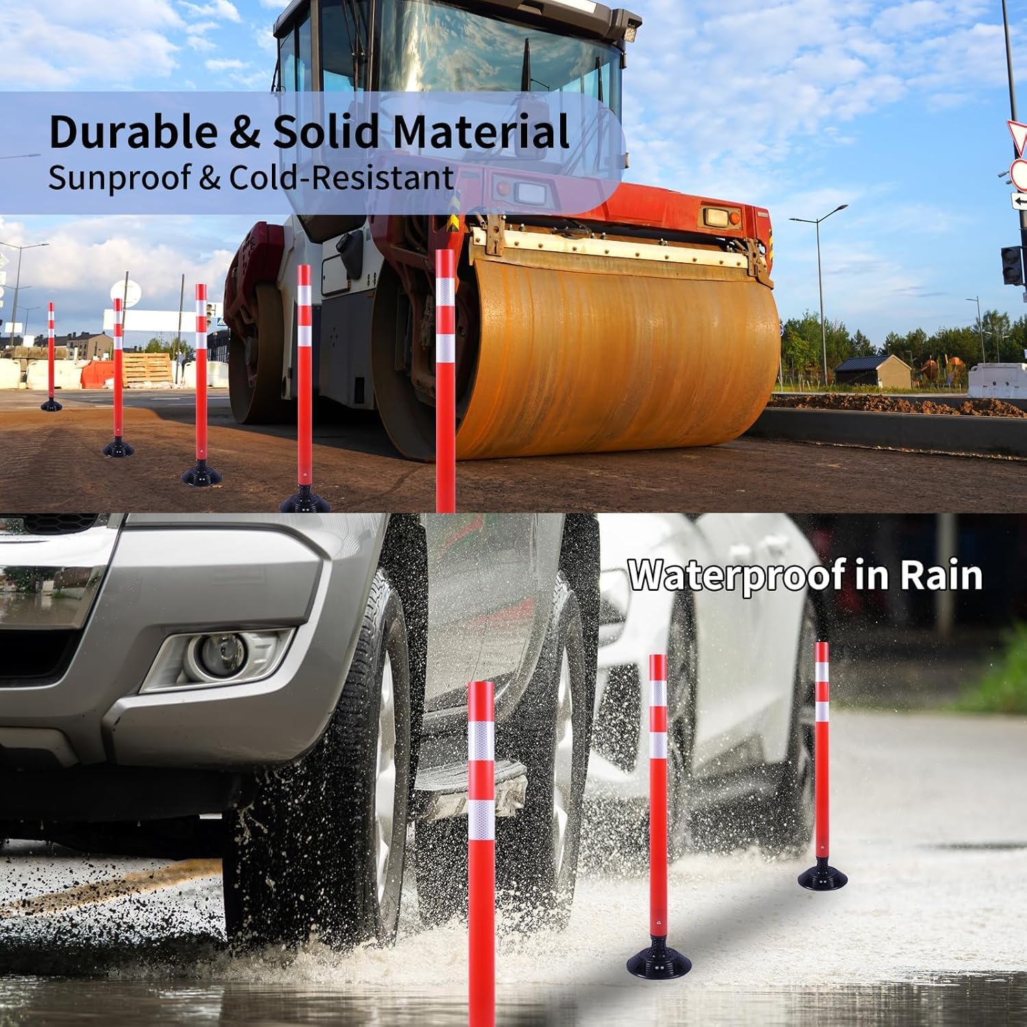 BESEA 8PCS 36" Traffic Delineator Posts with Detachable Base & High-Visibility Reflective Collars,Orange Flexible Safety Cones for Driveway, Parking Lot, Roadway, and Work Zone