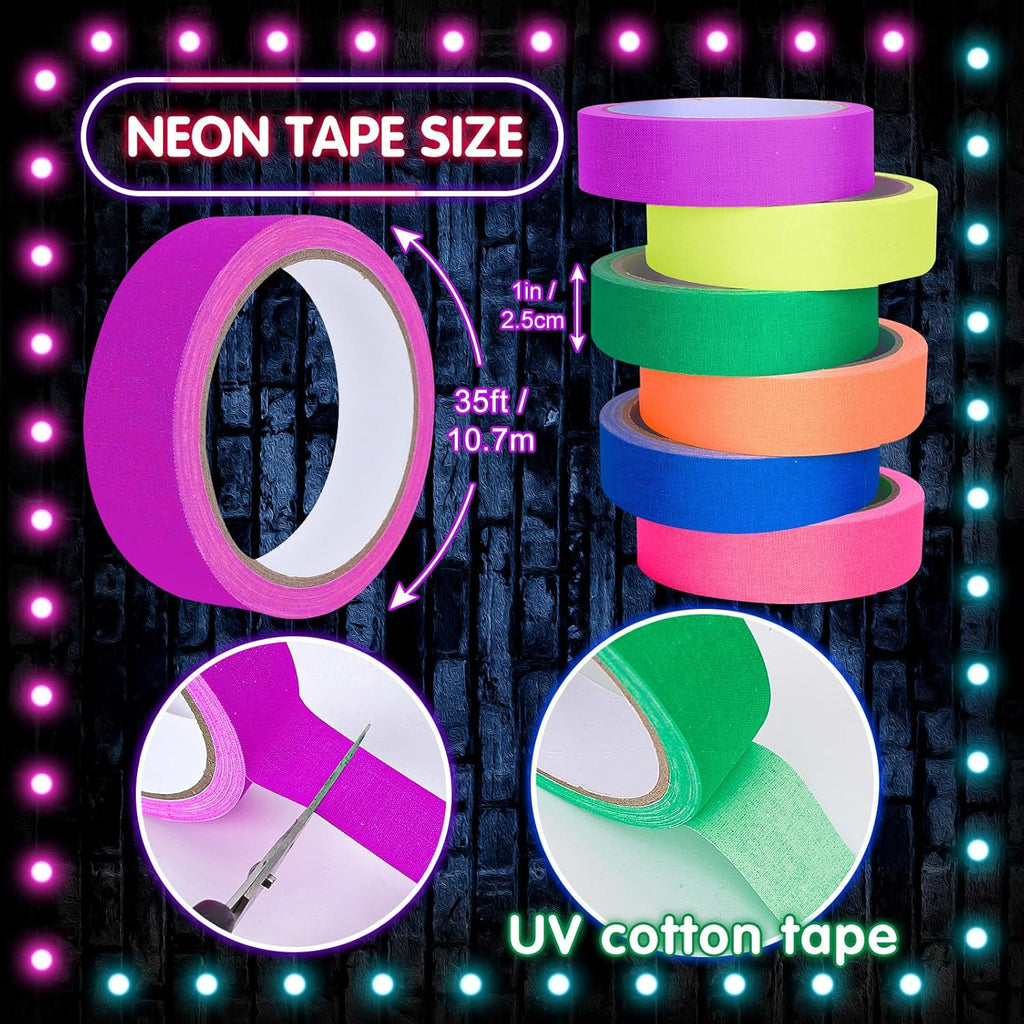 Whaline 6 Colors Neon Gaffer Cloth Tape Fluorescent Rainbow Color UV Blacklight Tape Neon Duct ReflectiveTape for UV Party Theatres Staged Dark Areas(1 inch x 34.8 feet)