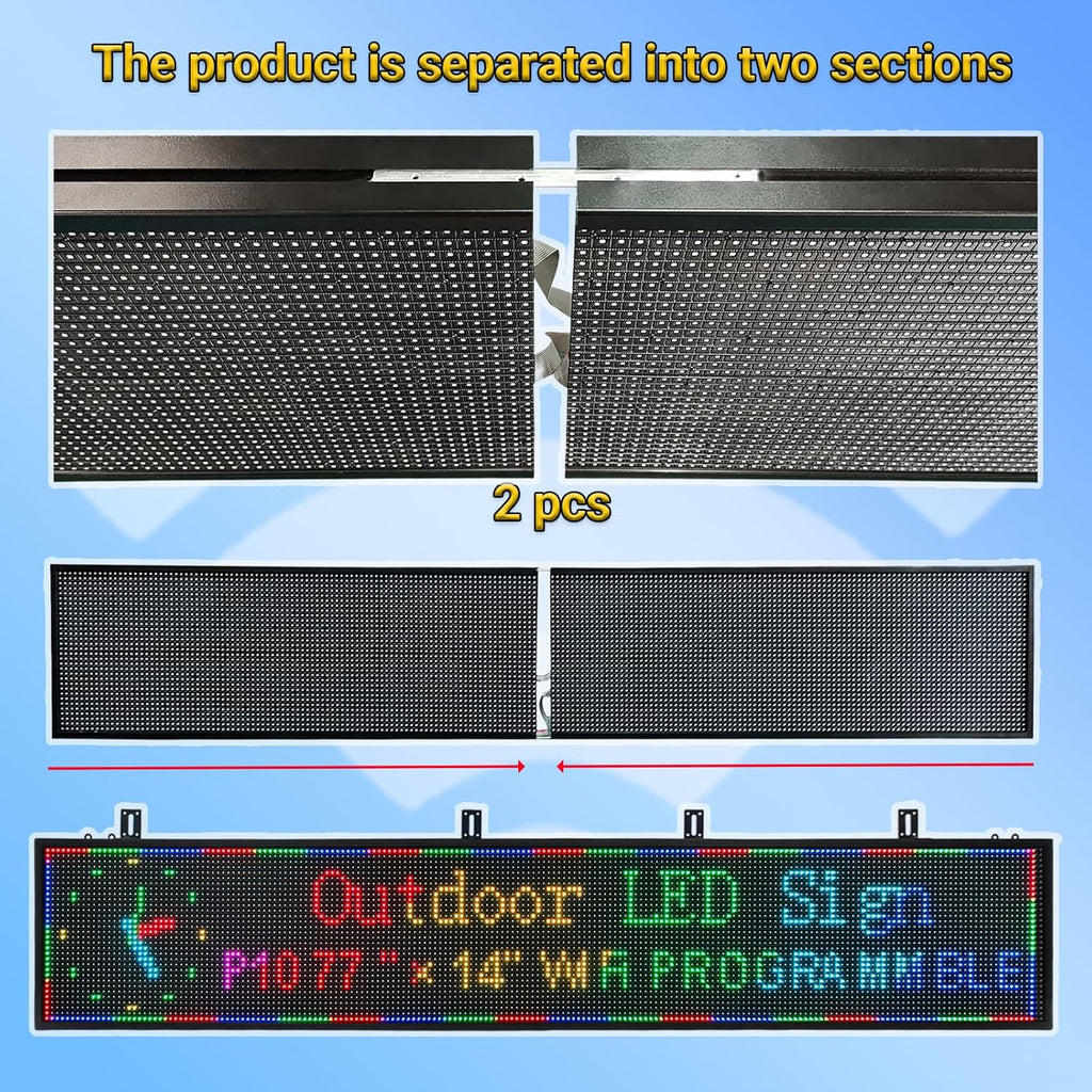 77”x14” Programmable LED Display Sign, P10 Outdoor Digital Scrolling Message Board with WiFi/USB Control, High Brightness Waterproof Screen for Business Advertising & Menu