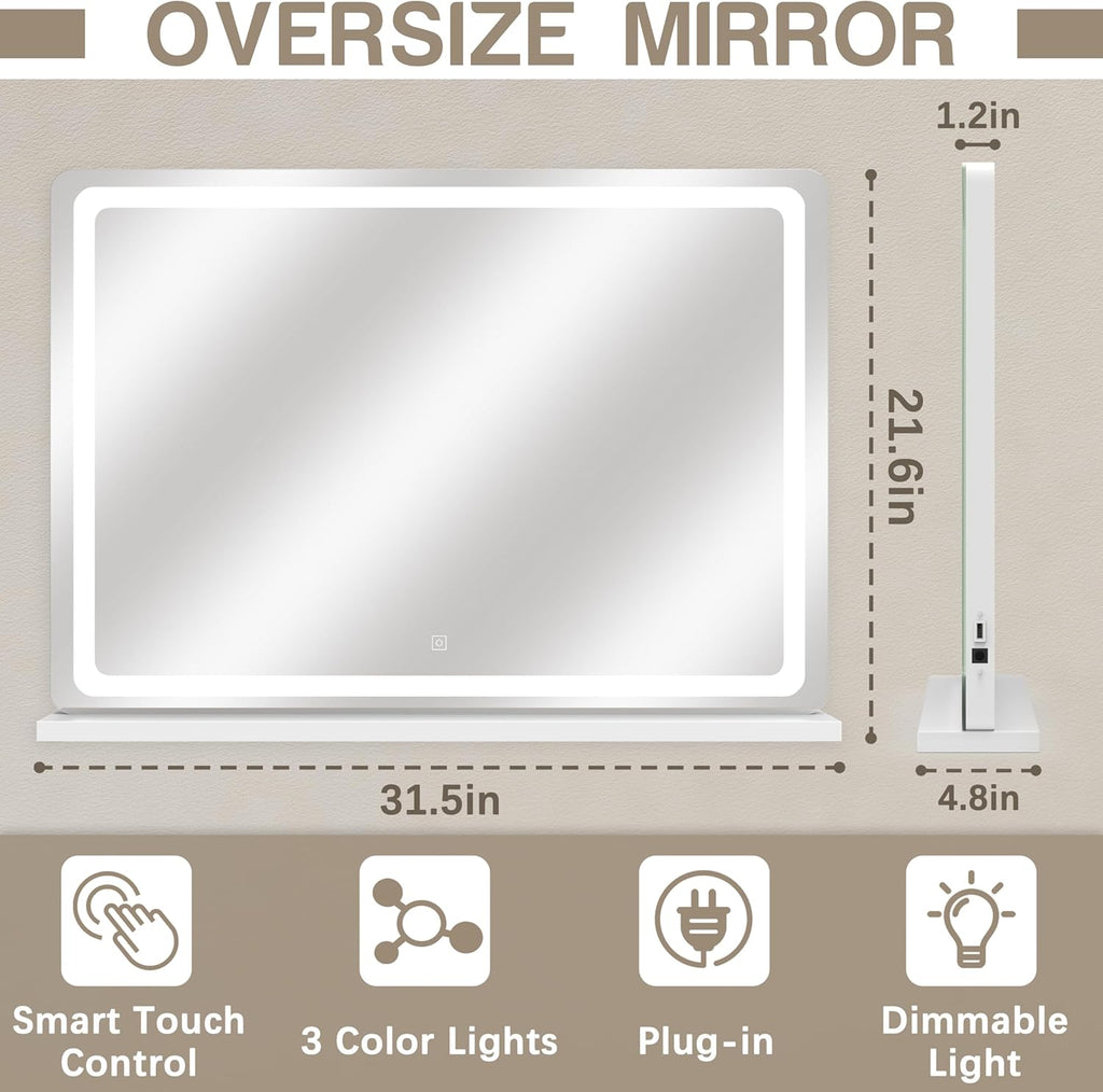 ROLOVE Vanity Mirror with Lights, 32" x 22" Large Lighted Vanity Mirror with Dimmable 3 Modes, LED Makeup Mirror, Touch Screen Control, USB Charging Port, Tabletop or Wall-Mounted