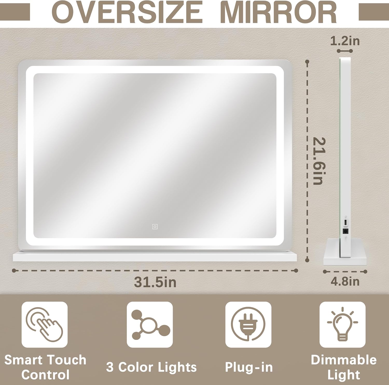 ROLOVE Vanity Mirror with Lights, 32" x 22" Large Lighted Vanity Mirror with Dimmable 3 Modes, LED Makeup Mirror, Touch Screen Control, USB Charging Port, Tabletop or Wall-Mounted
