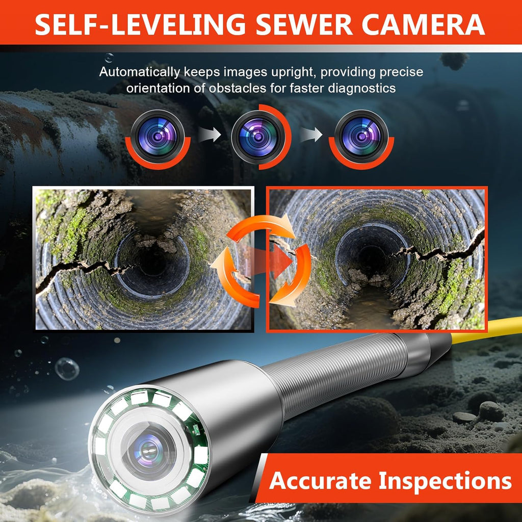 Sewer Camera, Self-Leveling Drain Camera 100 ft with Distance Counter, 9" 1080P HD Plumbing Cameras Snake with 12 LED Lights, IP68 & 32GB DVR, Industrial Endoscope for Duct Sewer Line Pipe Inspection