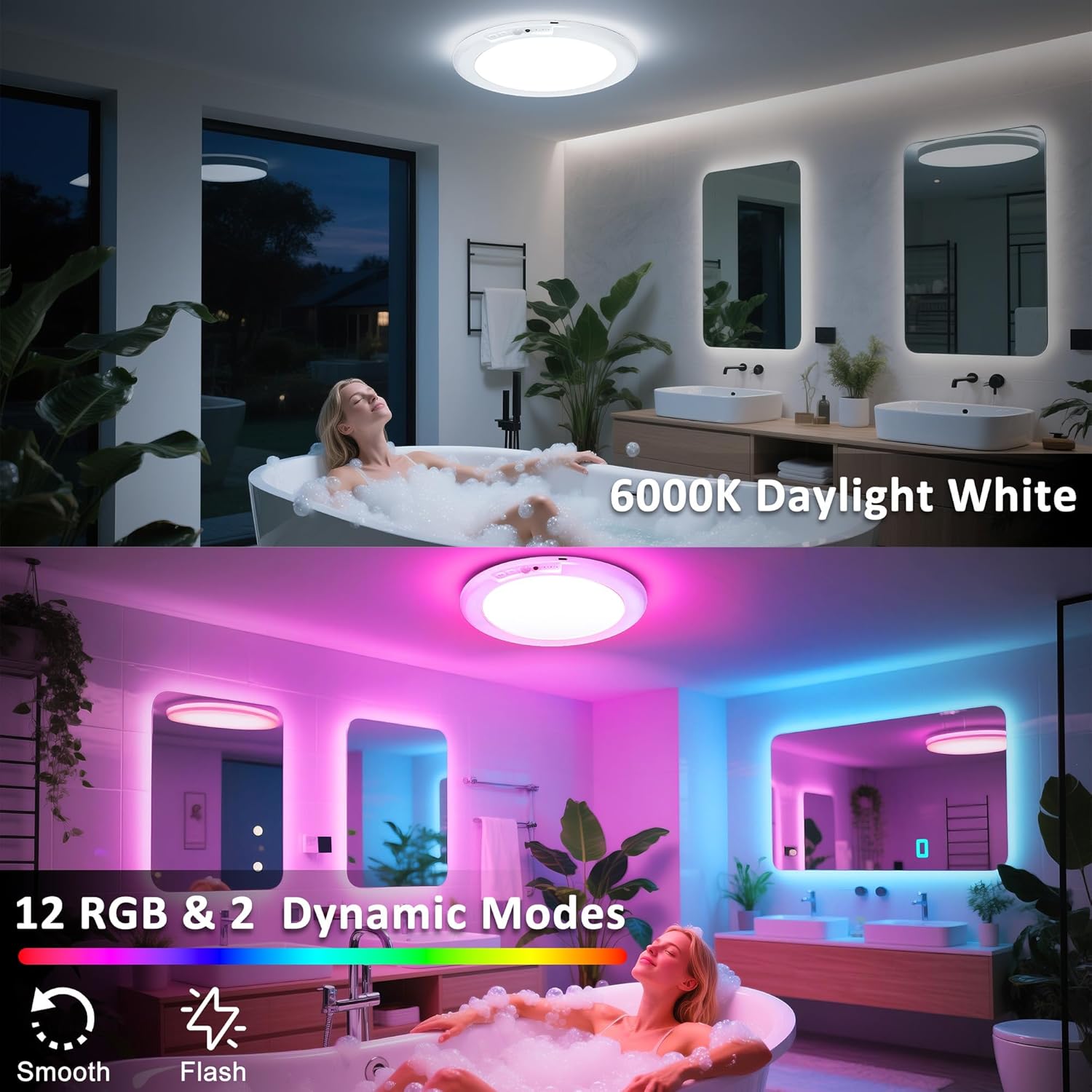 maylit Shower Lights 2 Pack, RGBW Rechargeable Ceiling Light, Waterproof Battery Operated Lamp, Wireless Stick on Inside Motion Sensor Mood LED Lighting for Bathroom No Wiring, Indoor