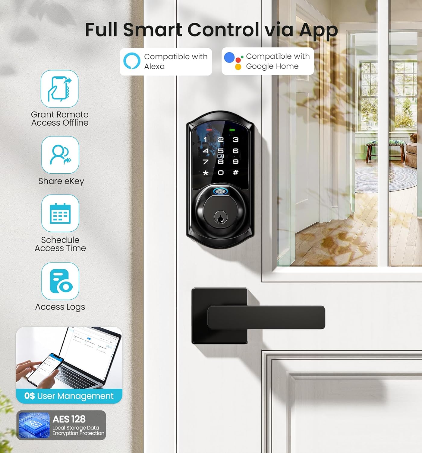 Veise VE07-L Fingerprint Smart Locks for Front Door with Zinc Alloy Handle Set, App Control, Keyless Entry, Electronic Digital Keypad Deadbolt, Auto Lock, Waterproof, Easy to Install, Matte Black