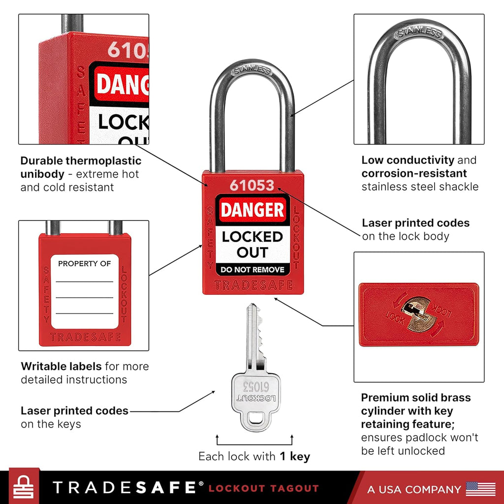 TRADESAFE Lockout Tagout Locks Set - 7 Red Loto Locks, Lockout Locks Keyed Different, 1 Key Per Lock, OSHA Compliant Lock Out Tag Out Padlocks, Safety Padlocks for Electrical Lockout Tag Out Kits