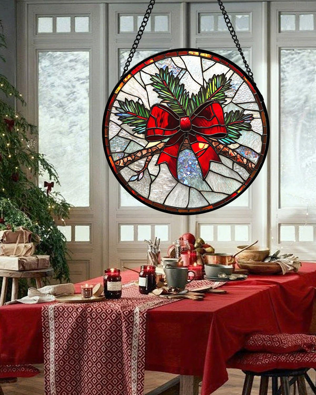 Stained Glass Window Hanging - Pine Branches Red Bow Suncatcher for Doors Home Christmas Decoration Silver Sun Catcher Thanksgiving New Year Birthday Gifts for Women Men Mom Nana 7.8 in