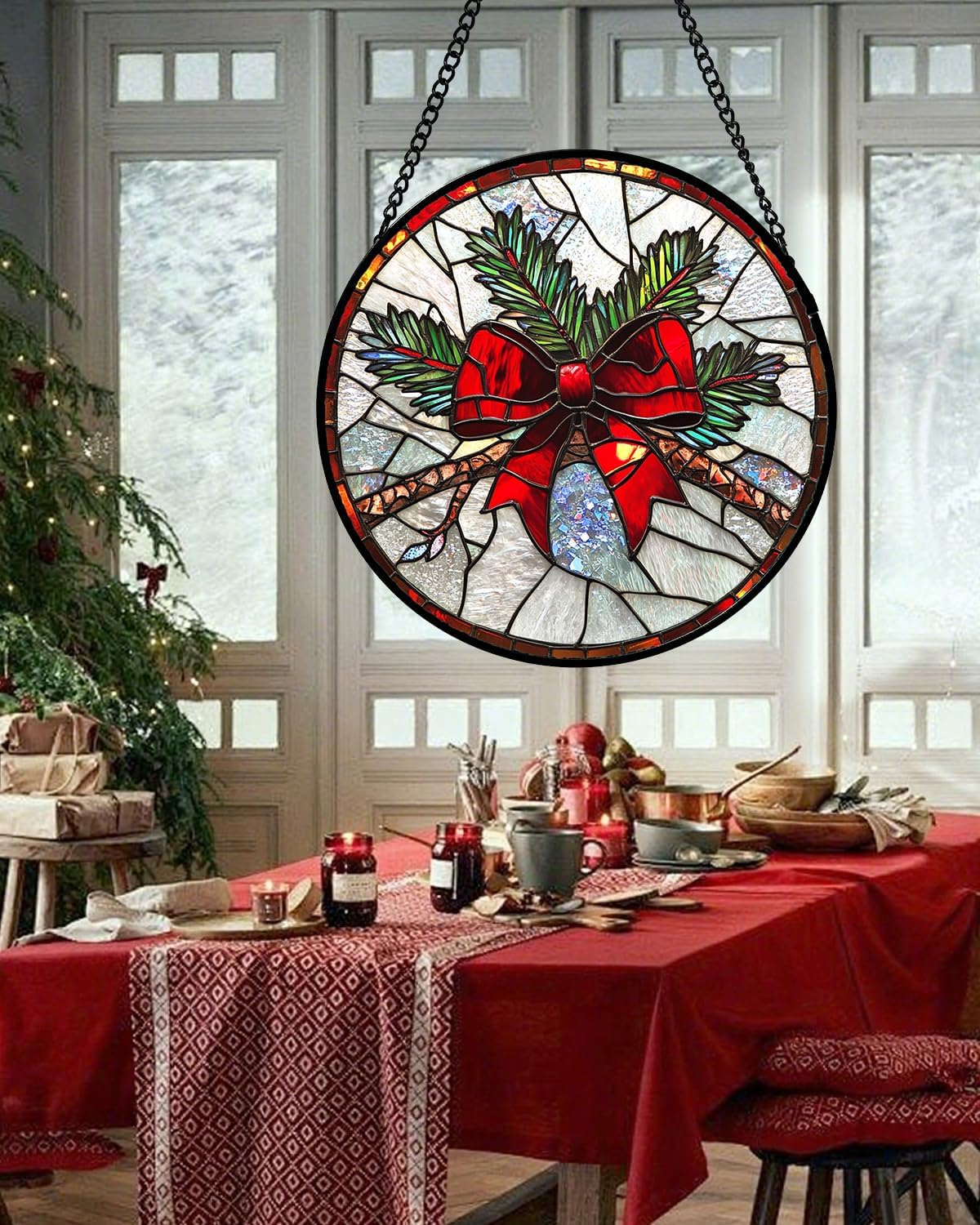 Stained Glass Window Hanging - Pine Branches Red Bow Suncatcher for Doors Home Christmas Decoration Silver Sun Catcher Thanksgiving New Year Birthday Gifts for Women Men Mom Nana 7.8 in