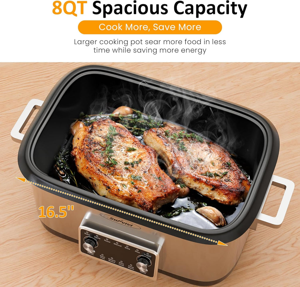 12 in 1 Programmable 8 Quart Slow Cooker, Multi-Cooker Food Warmer with Digital Timer, Temp Control, Removable Cast Aluminum Pot & Dishwasher-Safe Tempered Glass Lid, Stainless Steel