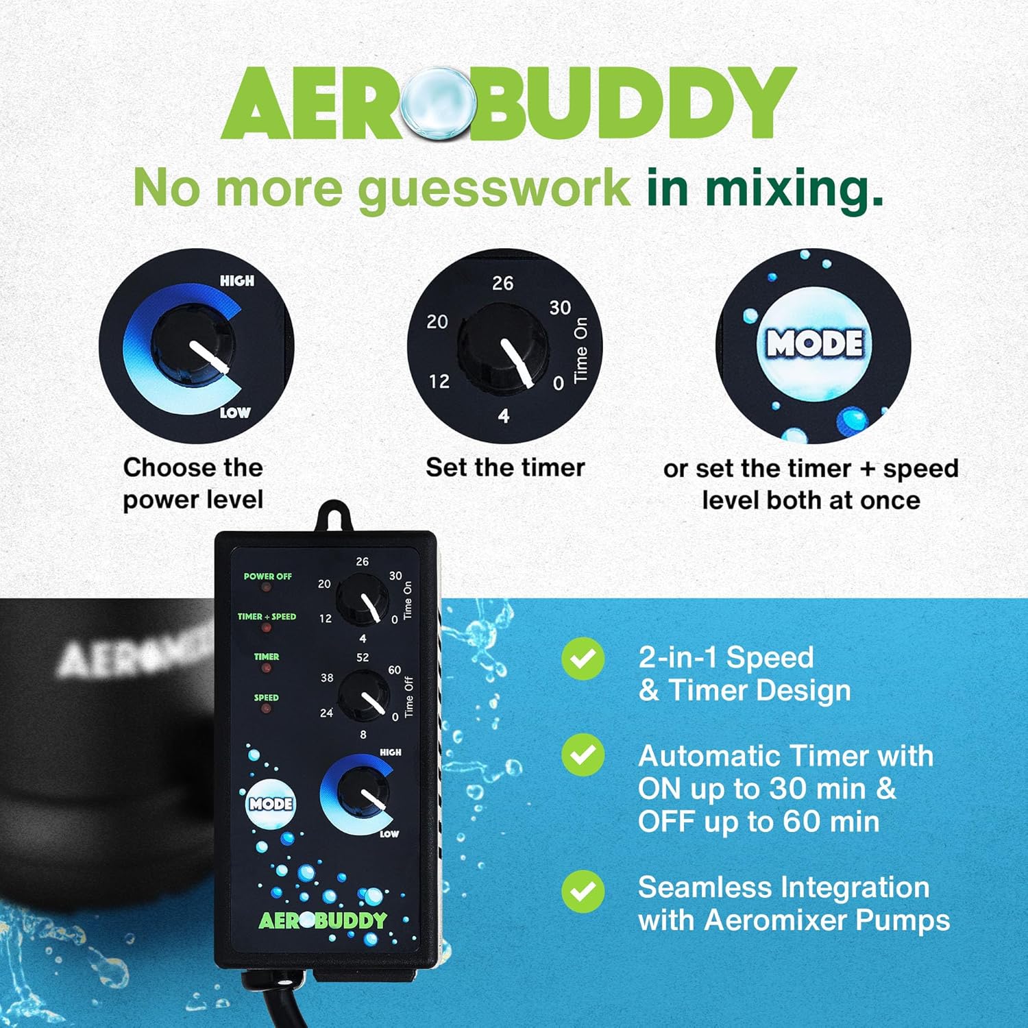 AEROBUDDY Variable Speed Controller + Interval Timer - Speed Controller for Electric Motor Water Pump 110V, 30-60min On/Off Timer Power Controllers, Variable Motor Controllers for Mixing and Aerating