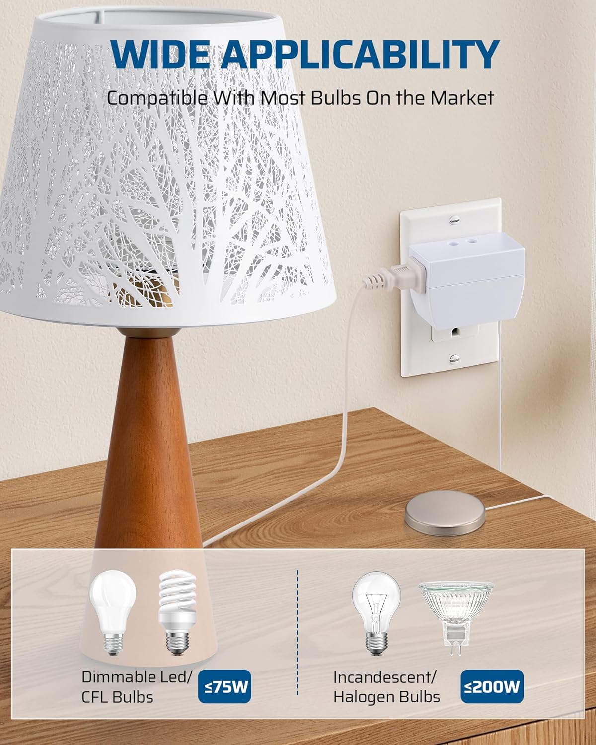 DEWENWILS 2 Pack Touch Dimmer Switch, Plug and Play Lamp Touch Control Pad, Touch Lamp Switch, Dimmable LED/CFL Lights, and Incandescent Bulbs, Dimmer Extension Cord, ETL Listed, White