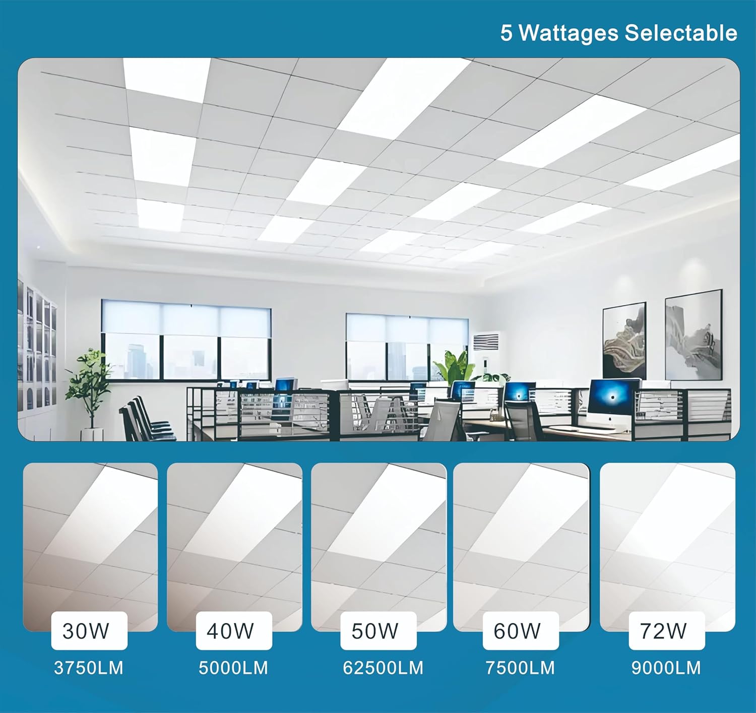2x4 FT LED Light Flat Panel, 40-72W, 5 CCT 3K | 3.5K | 4K | 5K | 6.5K, Dimmable Recessed Drop Ceiling Lights, 3750/5000/6250/7500/9000 Lumens, Lay in Fixture for Office, 120-277V, UL DLC(54 Pack)