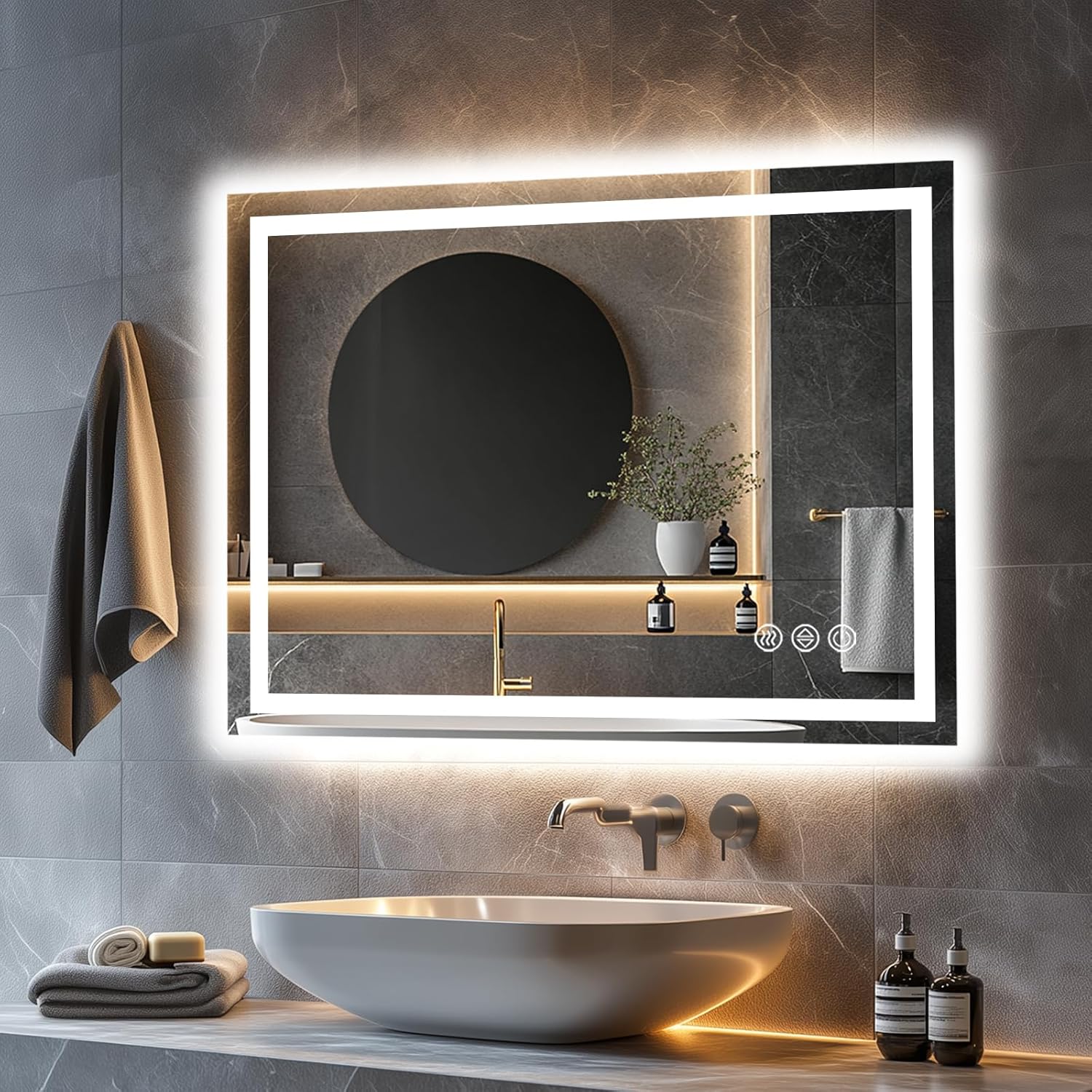 LED Bathroom Mirror, 40"x32" with Frontlit and Backlit Anti-Fog Mirror with Lights LED Vanity Mirror for Bathroom 3 Colors Temperature & Dimmable Bathroom Mirror with HD Tempered Glass