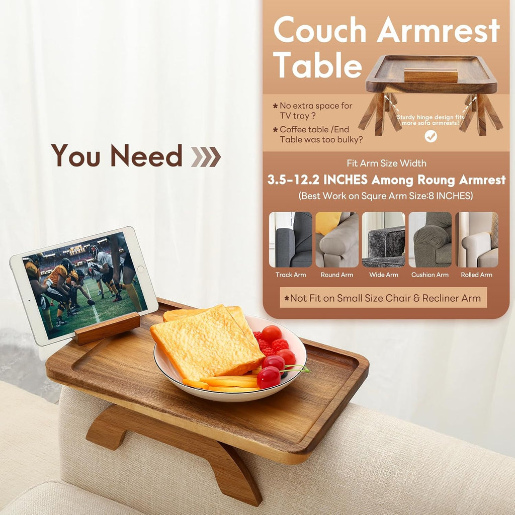 SINWANT Couch Arm Table, Acacia Wood Sofa Arm Rest Tables Couch Armrest Table with 360° Phone Holder,Portable Sofa Armrest Tray for Drink Snacks