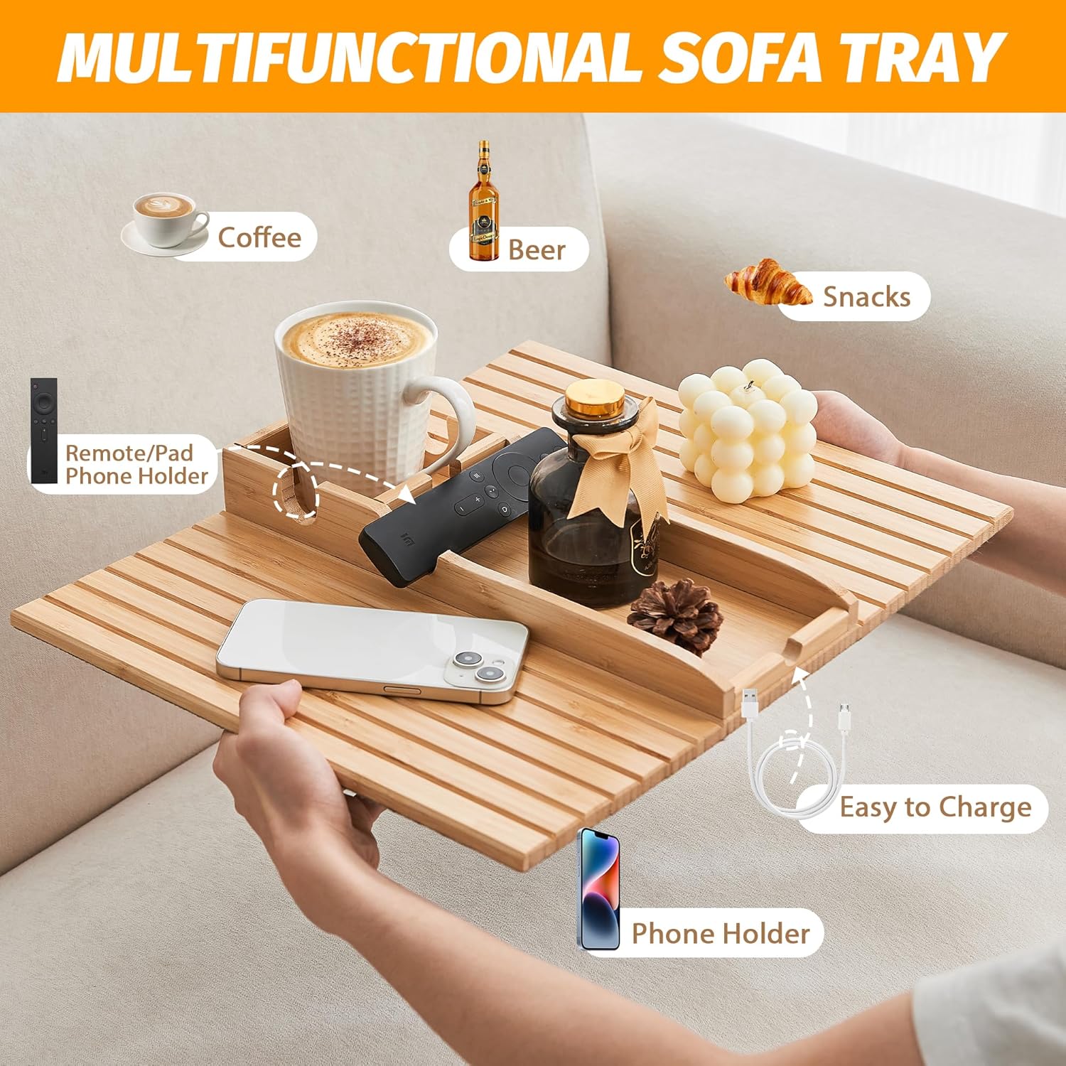 GEHE Bamboo Couch Cup Holder, Anti-Spill Sofa Arm Tray, Natural and Easy to Clean Couch Arm Cup Holder Armrest Tray Perfect for Cups, Beers, Snacks, Remote Control, Drinks