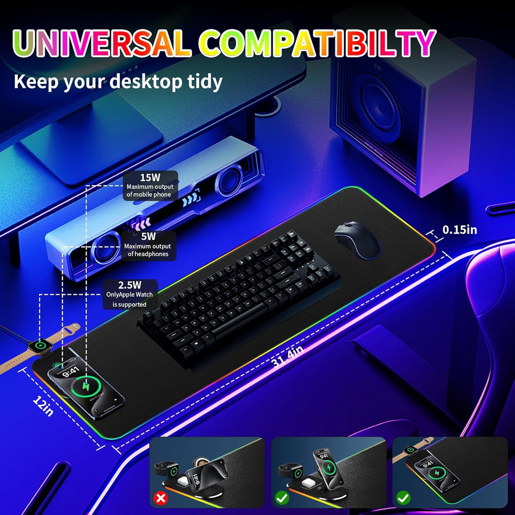 15W Fast Wireless Charging Mouse Pad, XXL RGB Gaming Desk Mat (31.5x15.7in) with Power Adapter & USB-C Cable，15 RGB Light Modes Desk Mat, Waterproof Keyboard Pad for PC/MacBook/Laptop (Black)