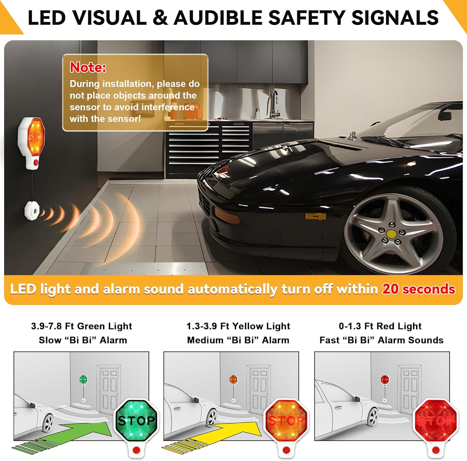 Adjustable Garage Parking Sensor Aid with with Red/Yellow/Green LED Display, Garage Parking Aid Set Stop Distance 6"–6 ft, Battery (Not Included) or USB Powered, No-Drill Installation(White)
