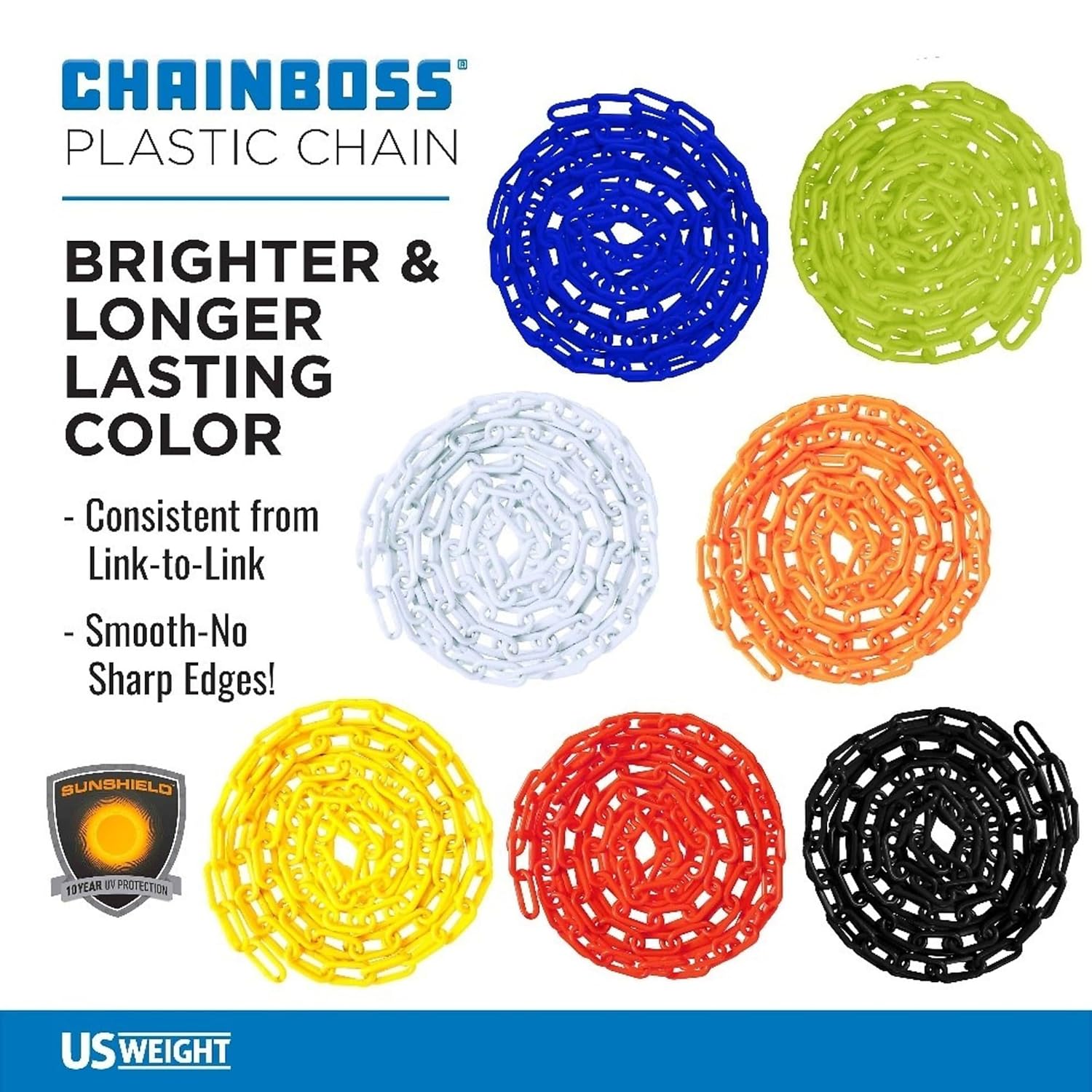 US Weight Security Chain with Plastic Chain Links Enhanced with SunShield UV-Resistant Technology, Made in the USA