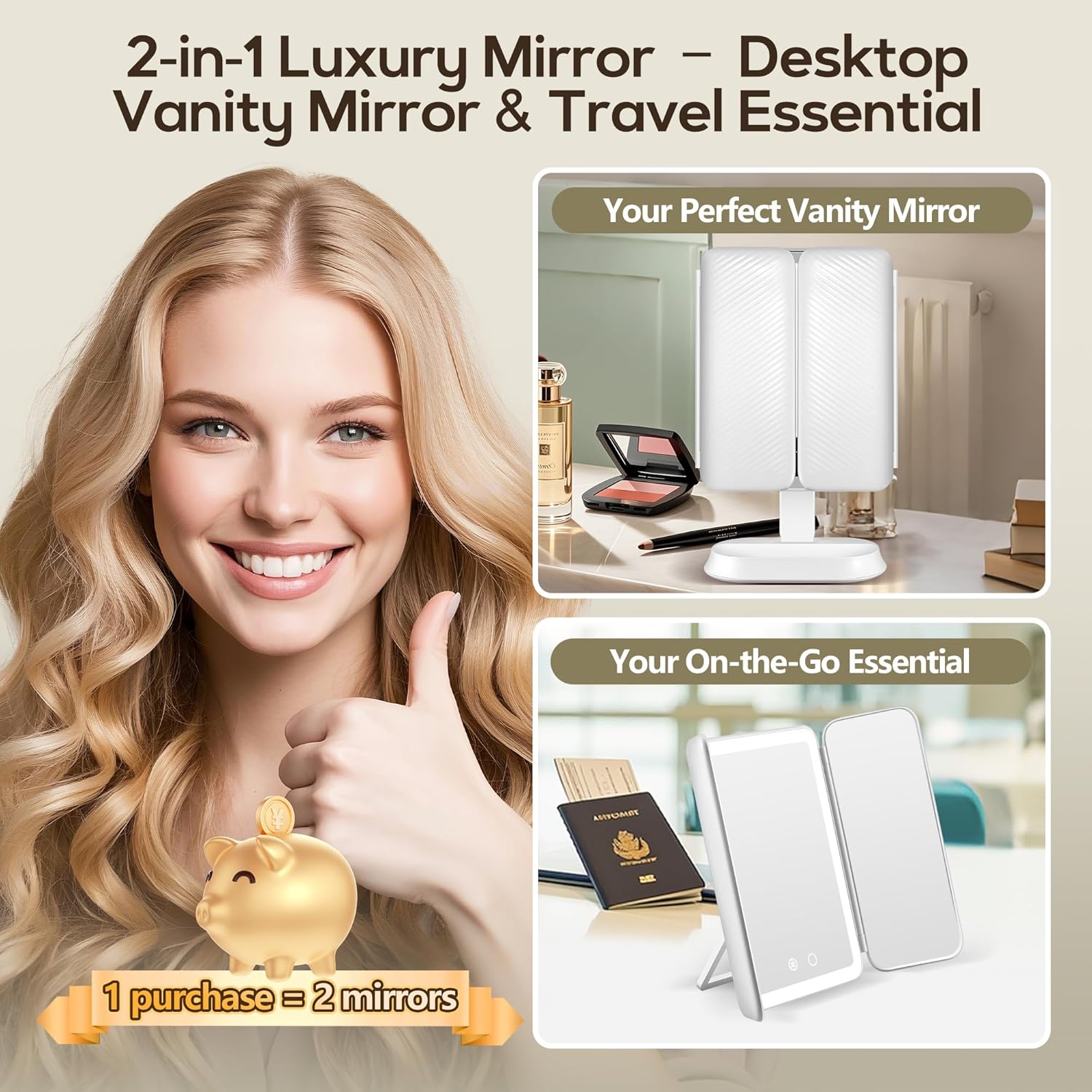 Vanity Mirror with Lights, Lighted Makeup Mirror with 30X/10X/5X Magnification, Rechargeable Trifold Mirror with 3 Color & Adjustable Brightness, Travel Makeup Mirror with Lights for Desk