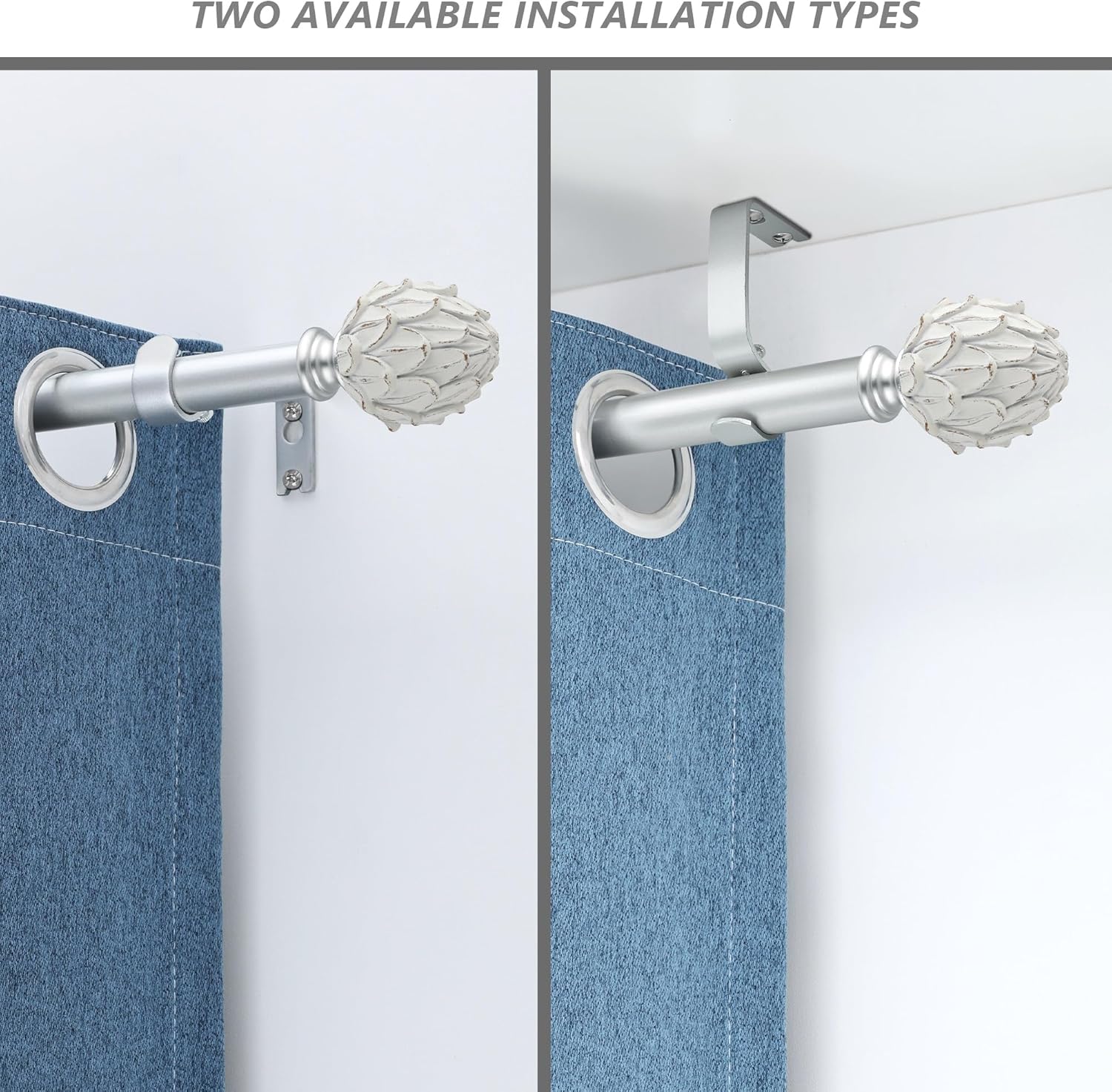 Curtain Rods for Windows 48 to 84 Inches 1 Inch Diameter Adjustable Drapery Rod Decorative Single Window Curtain Rods with Classic Finials,Silver