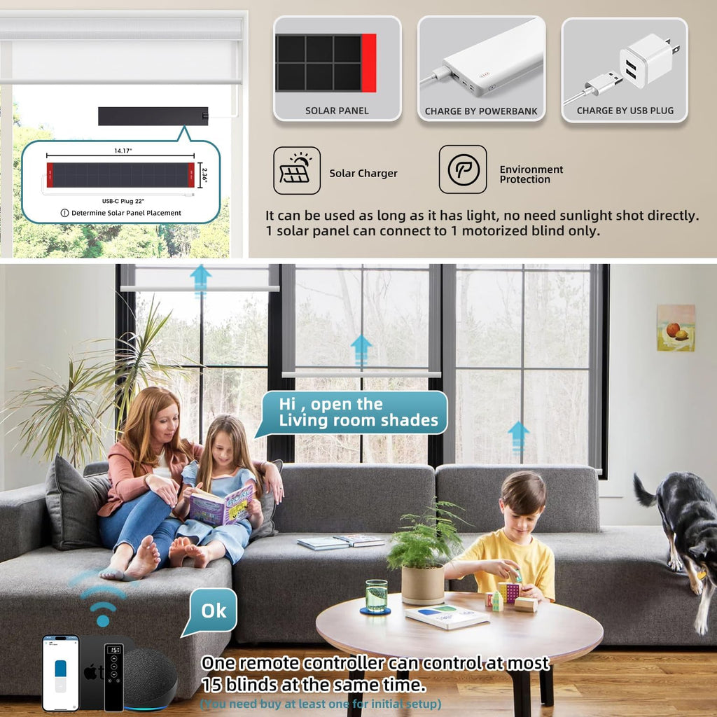 SmartWings Motorized Light Filtering Shades, 50% Blackout PVC Free Smart Blinds, Custom Size, Rechargeable Battery, Works with Matter/Apple HomeKit, Alexa, Thread/Zigbee, Remote Optional, 50% White