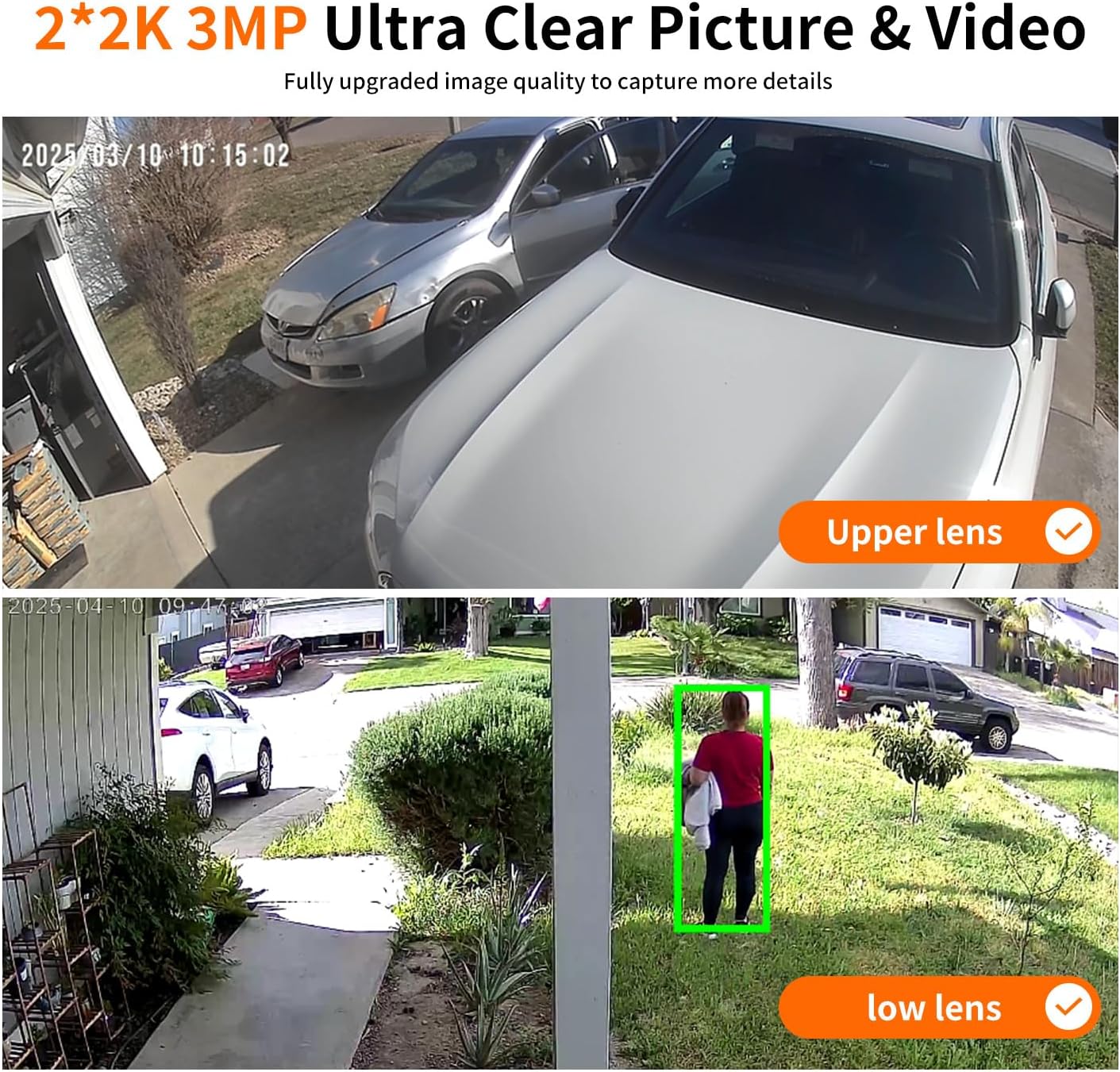 Dual Lens Security Cameras Wireless Outdoor，Solar Cameras for Home Security，Motion Detection,Night Vision,No Month Fee,IP65 Water Proof