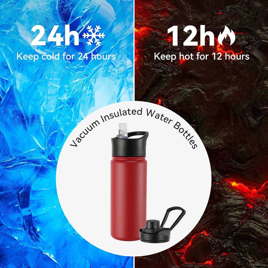 16 oz Insulated Water Bottle with Straw Lids, Stainless Steel Kids Water Bottles for School, Double Wall Vacuum Metal Water Bottle with Straw & Wide Mouth Lid, Red 4 Pack