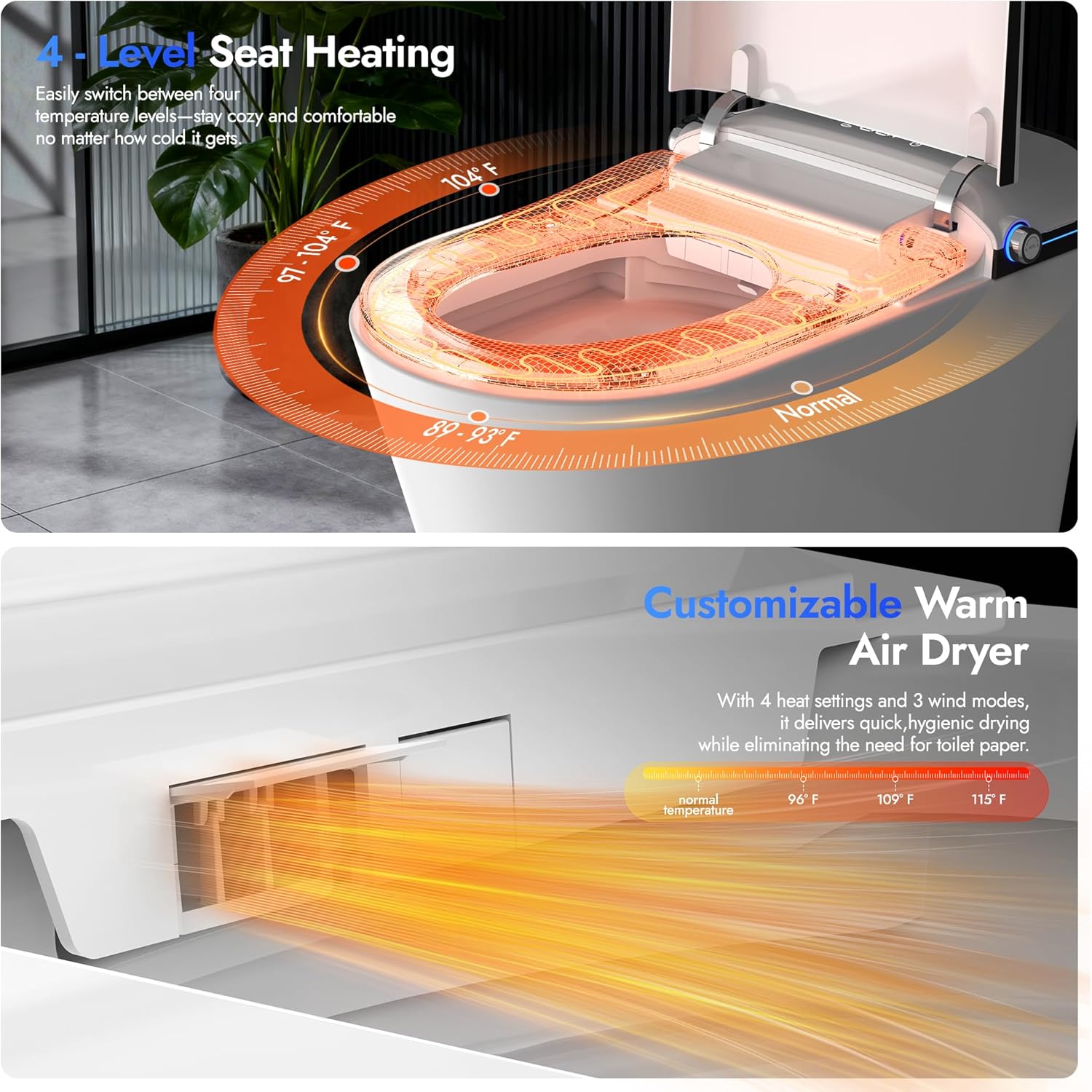 WANSID Elongated Smart Toilet With Bidet Built-in, Auto Open/Close Lid, Soft-Closed Heated Seat, Tankless Auto/Knob/Sensor/Remote Flush, Warm Wash & Dryer, Massage Clean, Gentle Night Light