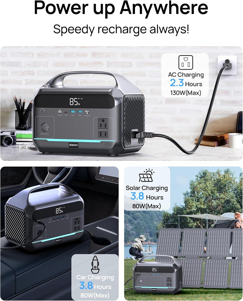 DaranEner Portable Power Station 600W, 288Wh LiFePO4 Battery Backup Power w/2×600W AC Outlets (1200W Surge), 2.2H Fast Charging, Solar Generator for Outdoor Camping/RVs/Home Emergency (Solar Optional)