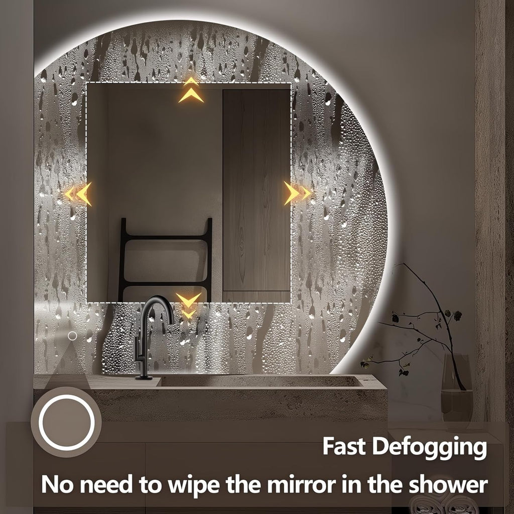 Niccy Half Moon LED Mirror for Bathroom, 28" Semi Backlit Frameless Makeup Mirror with Light, Anti-Fog, Shatter-Proof, 3 Colors, Smart Vanity Mirror