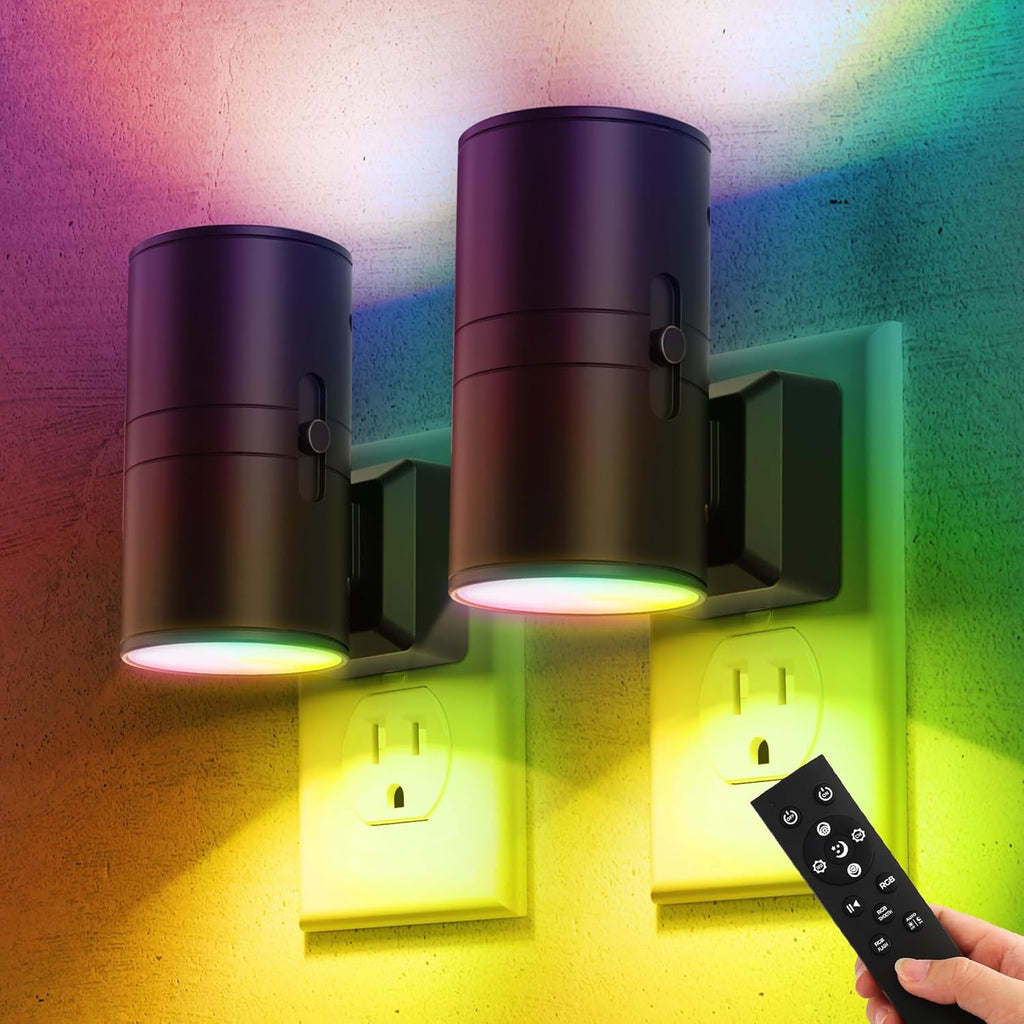 Briignite Night Lights Plug into Wall, 2 Pack 11-Color Changing Night Light with 1 Remote Control, 3000K+6000K+RGB LED Nightlight for Kids with Light Sensor, 0-100 LM Adjustable for Bedroom, Stairway