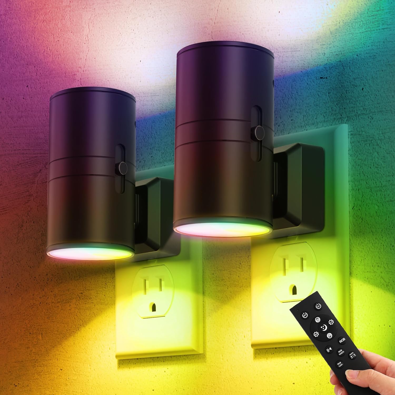 Briignite Night Lights Plug into Wall, 2 Pack 11-Color Changing Night Light with 1 Remote Control, 3000K+6000K+RGB LED Nightlight for Kids with Light Sensor, 0-100 LM Adjustable for Bedroom, Stairway
