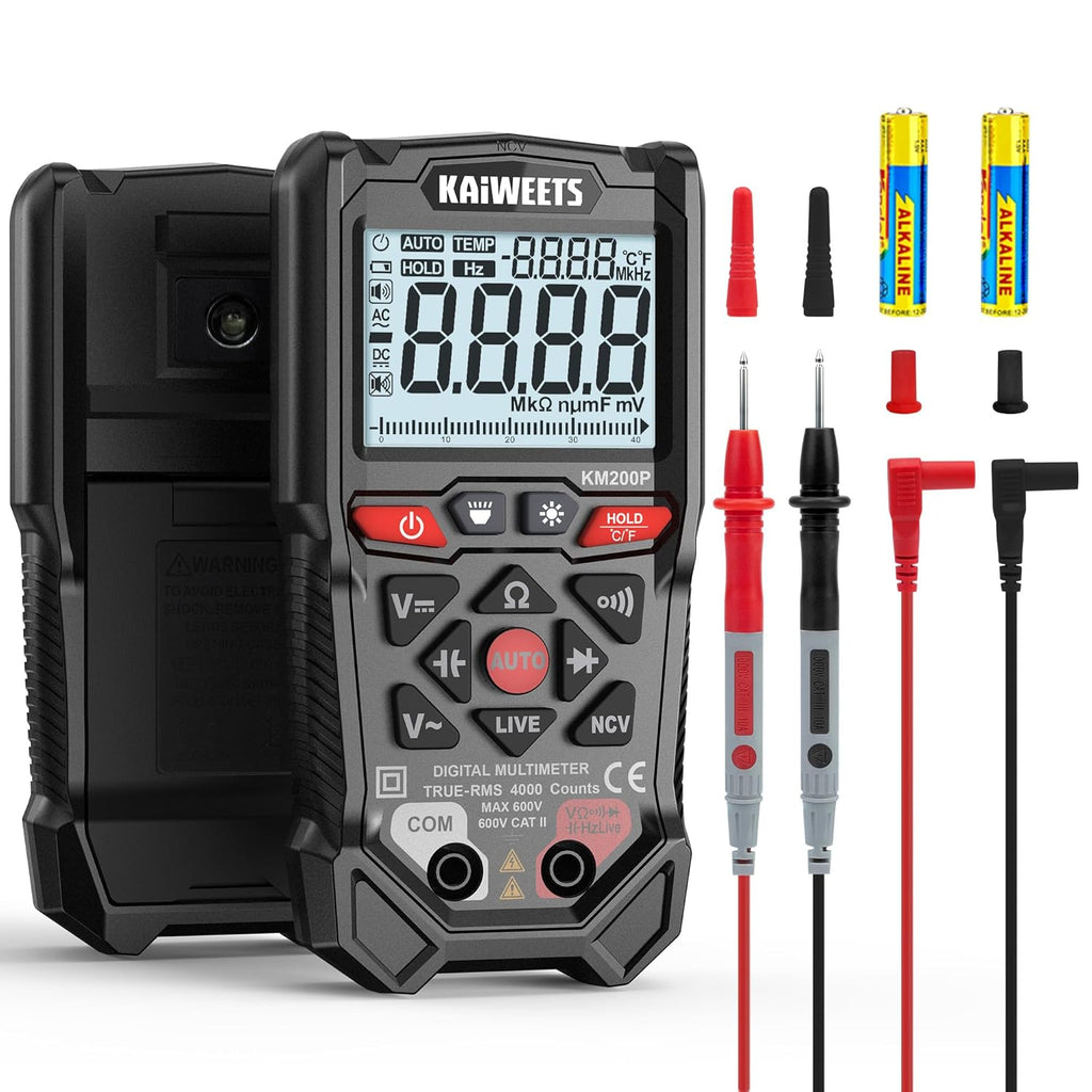 KAIWEETS KM200P Digital Multimeter, All Button Operation (No Knob), TRMS Auto Ranging, 4000 Counts, NCV, Voltmeter Ohmmeter, Fast & Accurate Measure AC/DC Voltage, Resistance, Continuity, Capacitance