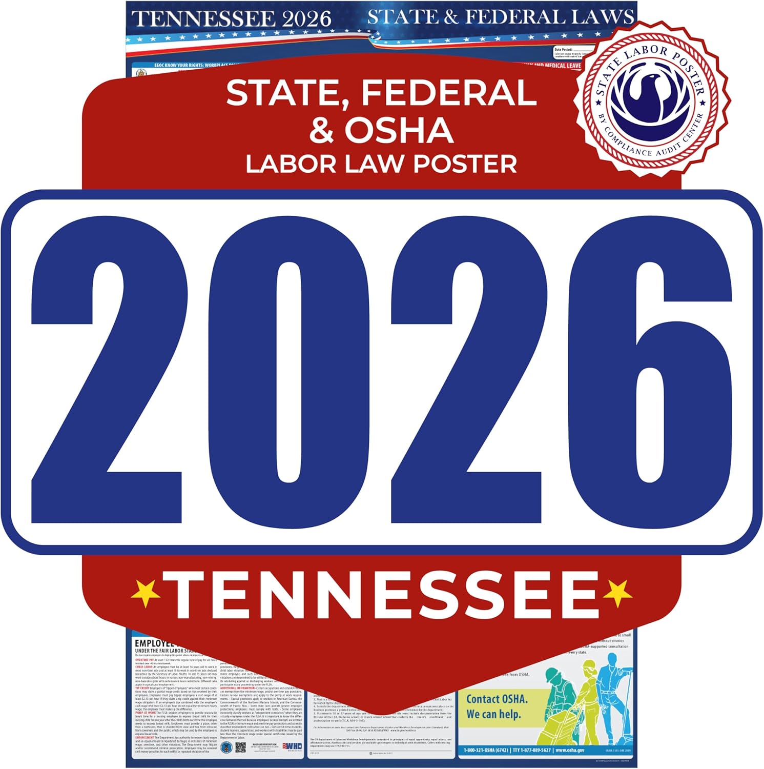 2026 Tennessee State and Federal Labor Law Poster - OSHA Workplace Compliant - Mandatory Regulations Posting for Employees - All in One Required Compliance Posting 17" x 40" - Laminated