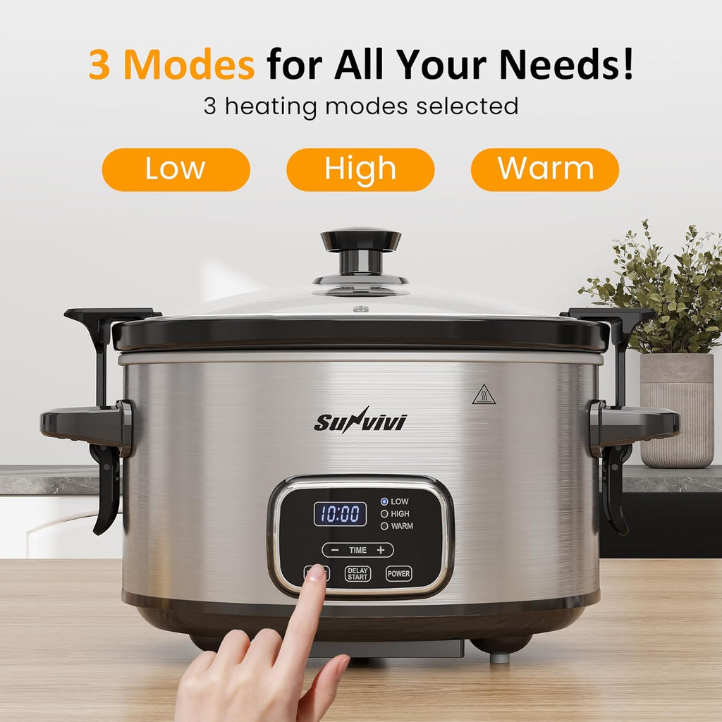 4QT Programmable Slow Cooker with Removable Ceramic Pot, Locking Lid, 3 Heating Settings & Timer, Dishwasher-Safe, Stainless Steel Silver