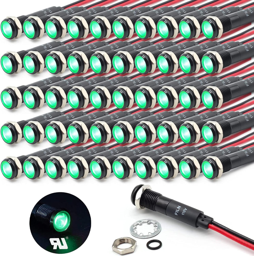 50Pcs 8MM (5/16") Indicator Light 110v 120v Metal Pilot Lamp Lights Aluminum Black Anodized Waterproof ip67 Red Signal Lamp Light(110V-Black Anodized-Green 50Pcs)