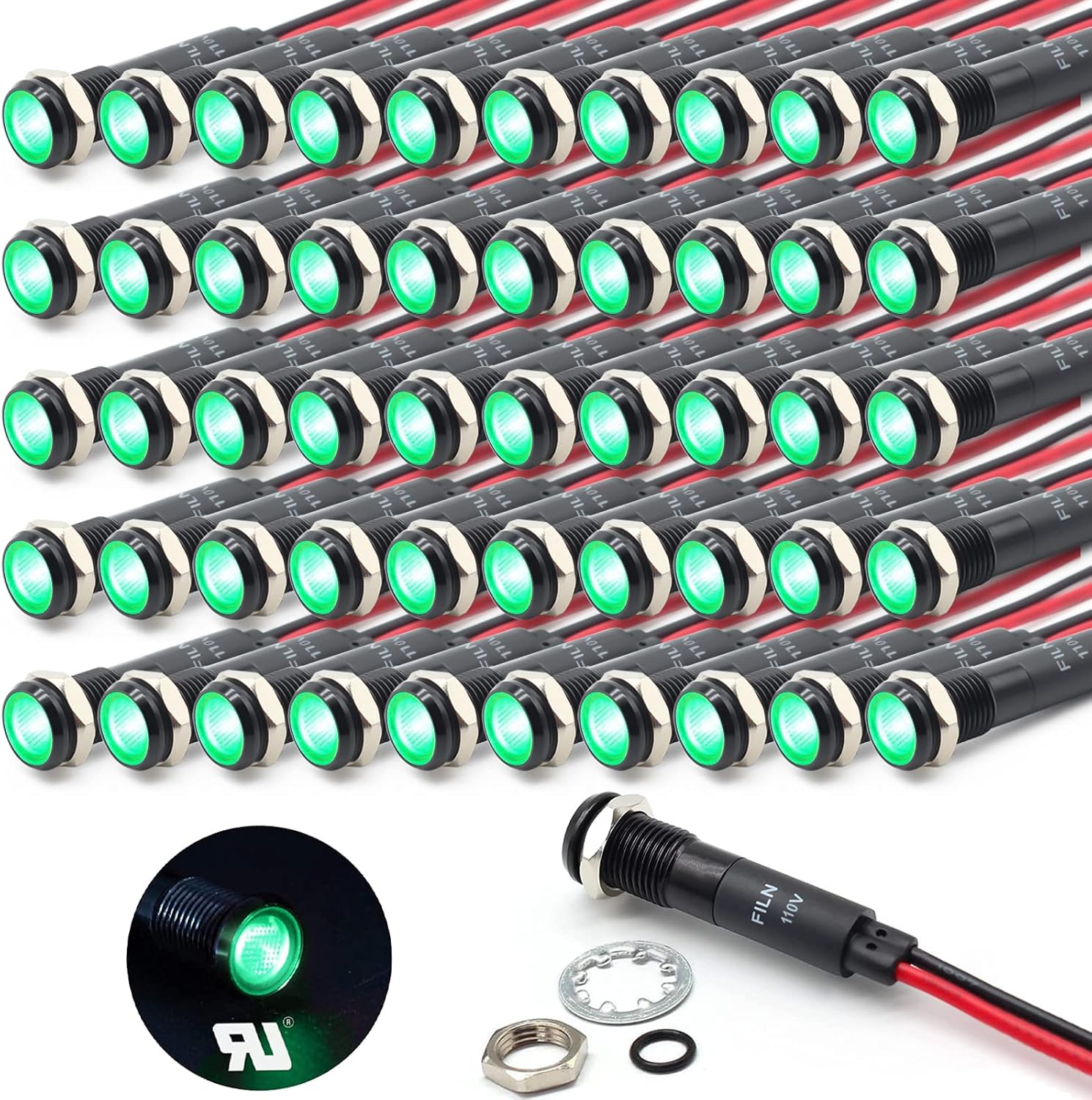 50Pcs 8MM (5/16") Indicator Light 110v 120v Metal Pilot Lamp Lights Aluminum Black Anodized Waterproof ip67 Red Signal Lamp Light(110V-Black Anodized-Green 50Pcs)