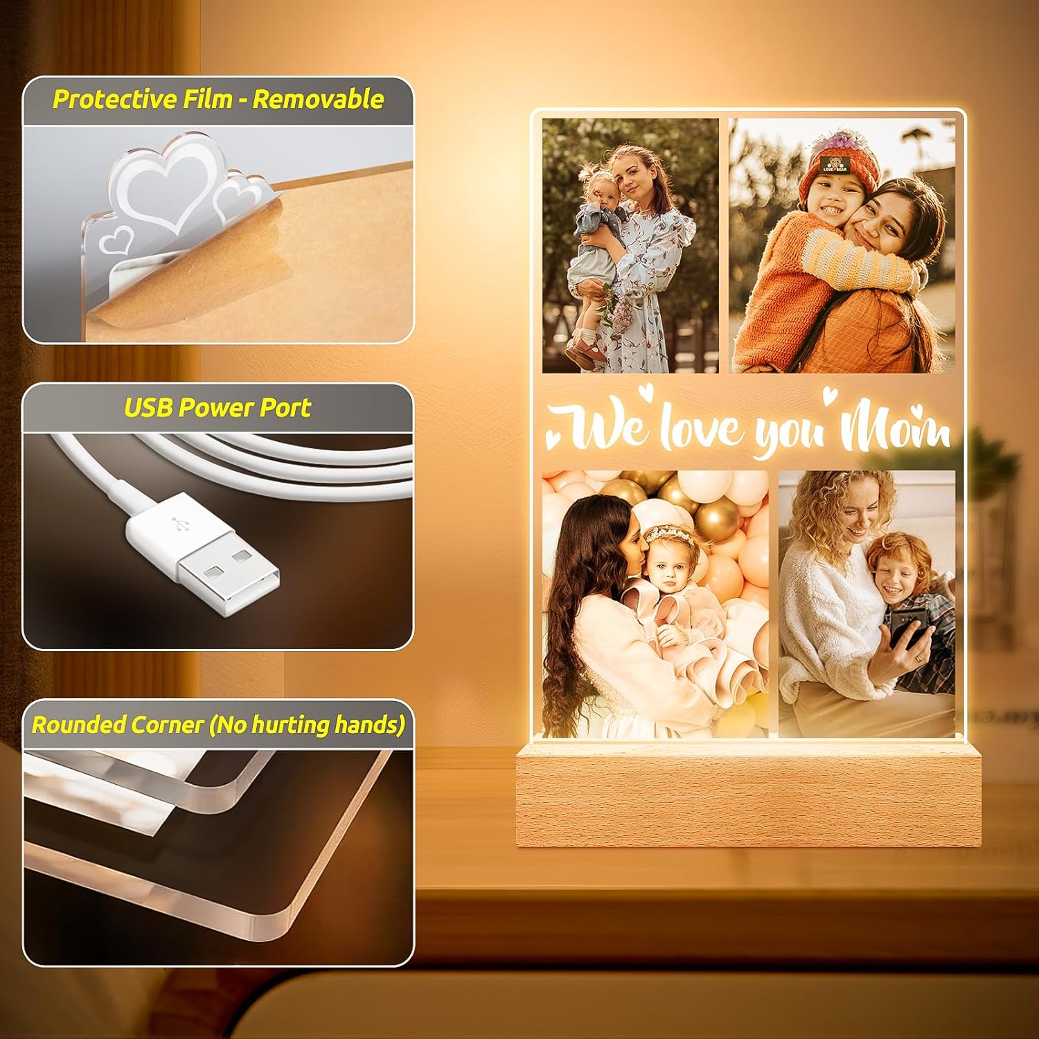 Personalized Picture Frame with Night Light, Custom Photo Frame with Photos, Customized Gifts for Mom Girls Boys, Personalized Birthday Gifts for Mom, Kids, Baby, Family