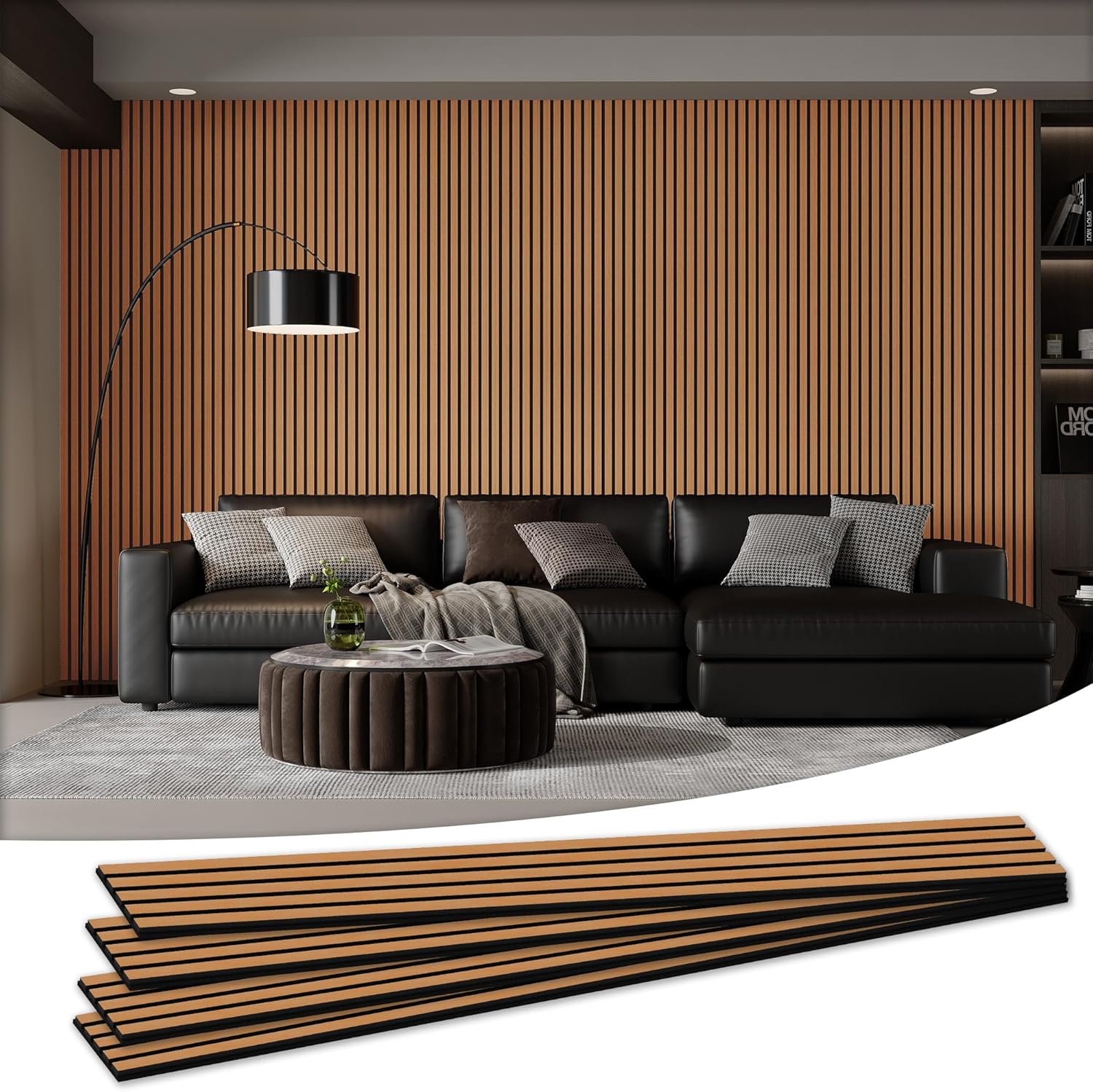 Wood Salt Acoustic Wall Panels, 4 Piece 94" x 12.6" x 0.8" Soundproof Wooden Wall Panels, 3D Fluted Sound Absorbing Panel, Brown