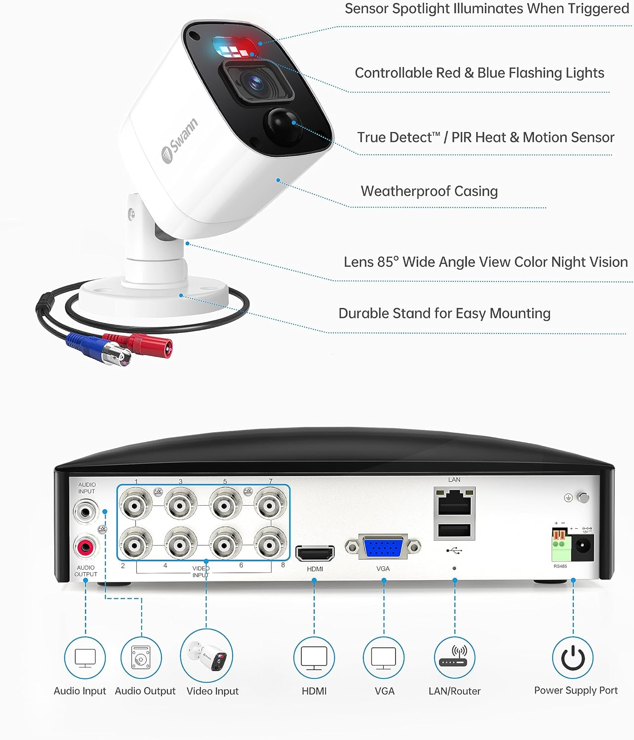 Swann Security Camera, 1080p DVR Bullet Surveillance Cameras with 1TB HDD, 8 Channel 8 Cam, Indoor Outdoor Wired Surveillance Camera, Color Night Vision, Heat Motion Detection, LEDs