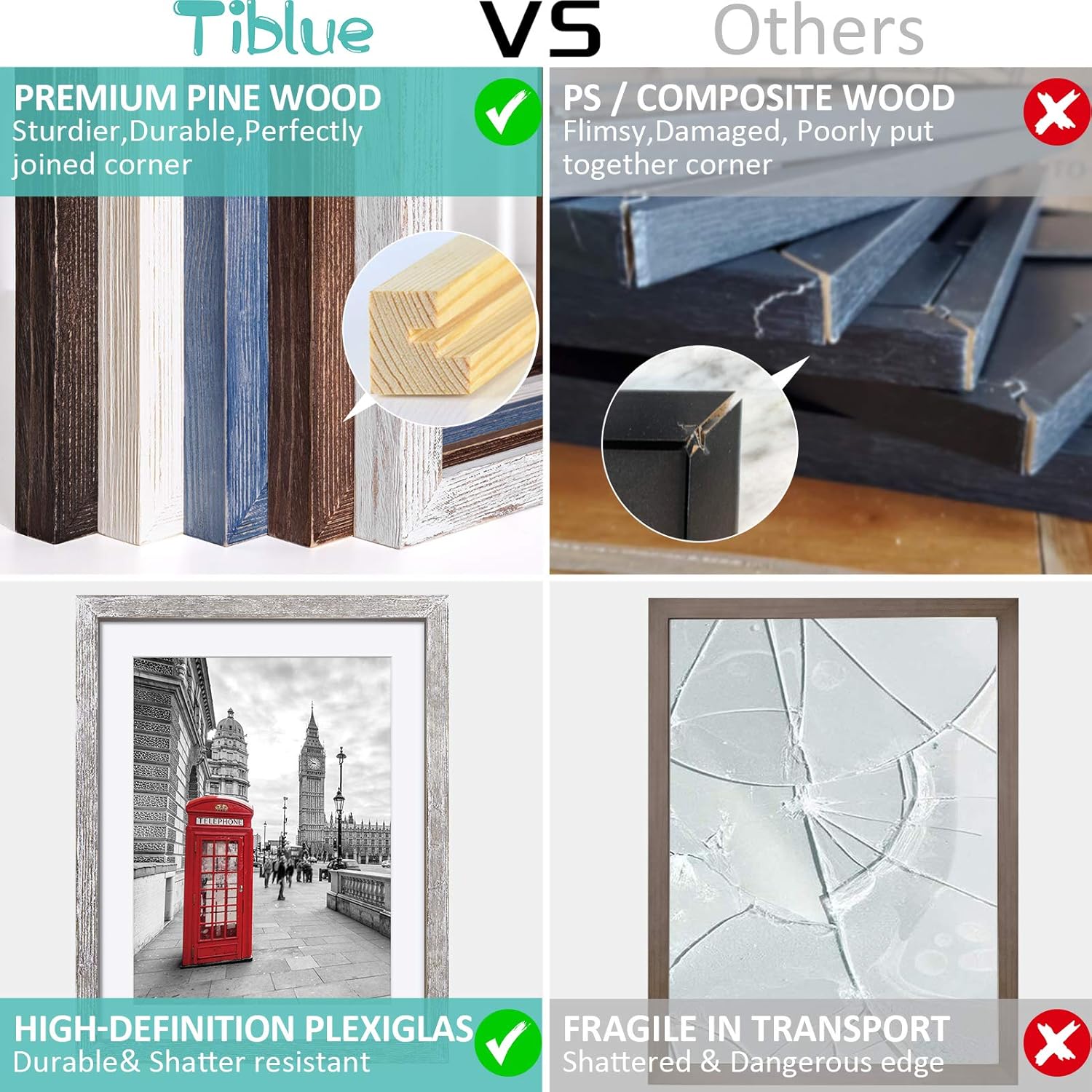 Tiblue 11x14 Picture Frame, Solid Wood Rustic Distressed White - 2 Packs with 4 Mats, HD Plexiglass, Wall Mount & Tabletop, 11x14 inches, Unisex Adult