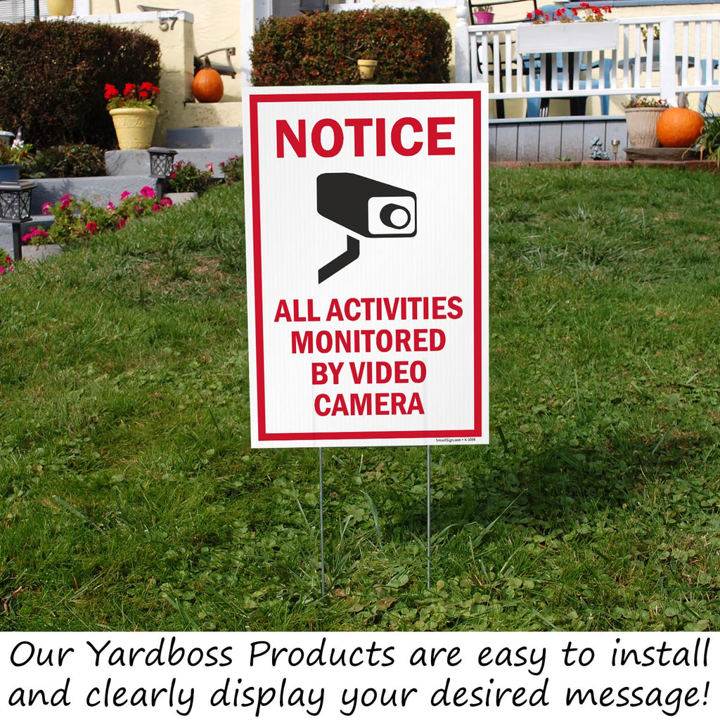 SmartSign 12" x 18" (2-Pack) All Activities Monitored By Video Camera Yard Sign with 15" Metal H-Stake, Double Sided Sign with Camera Symbol, 160 mil Thick Corrugated Plastic Lawn Signs, USA-Made