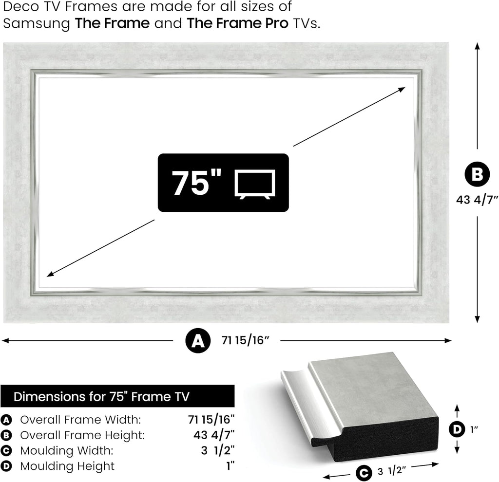 Contemporary Silver 75" Premiere Deco TV Frame - Compatible ONLY with Samsung The Frame TV and Pro TVs (Fits 2021-2025, LS03A, LS03B,LS03C,LS03D,LS03FA,LS03FW)