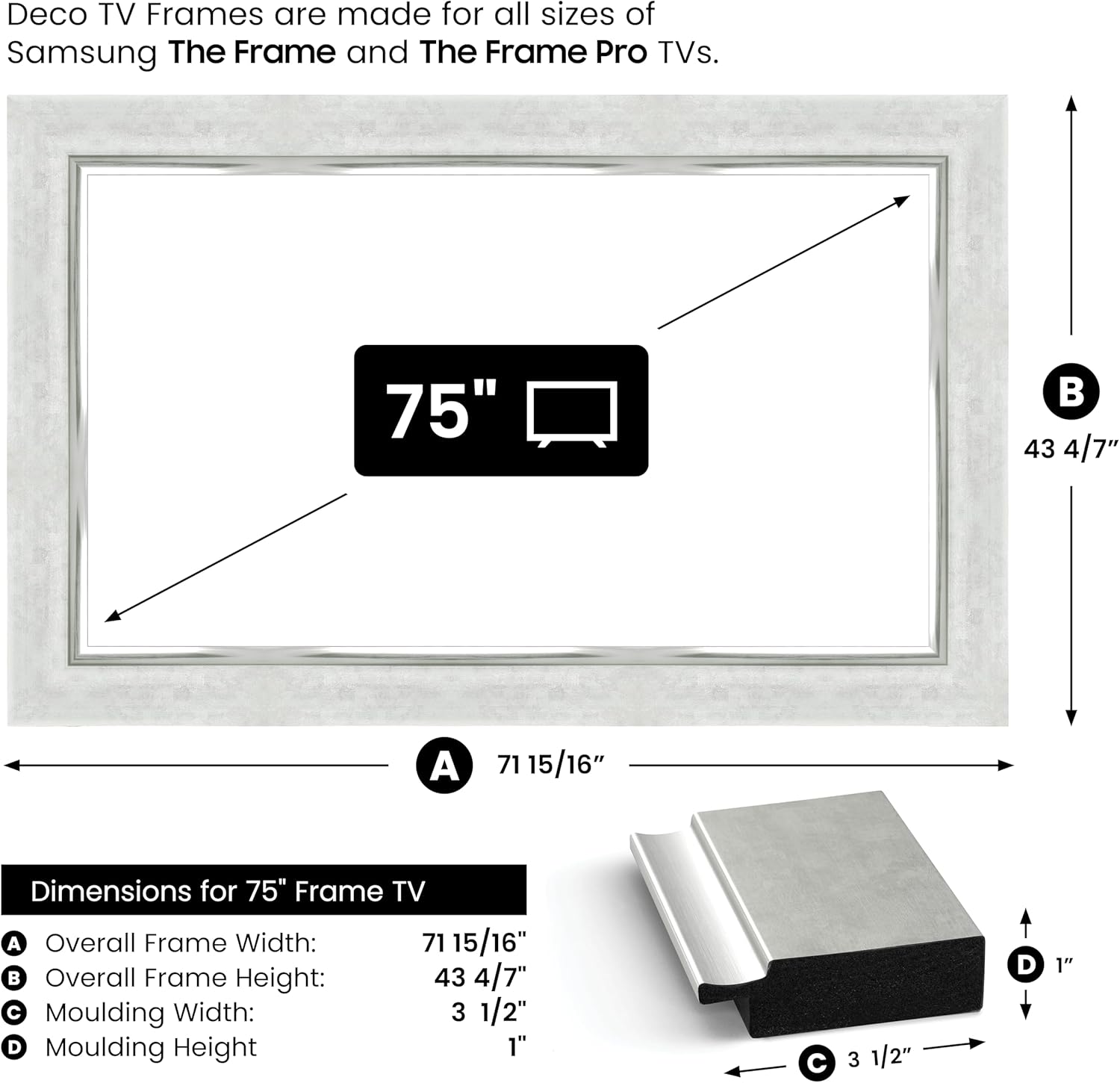 Contemporary Silver 75" Premiere Deco TV Frame - Compatible ONLY with Samsung The Frame TV and Pro TVs (Fits 2021-2025, LS03A, LS03B,LS03C,LS03D,LS03FA,LS03FW)